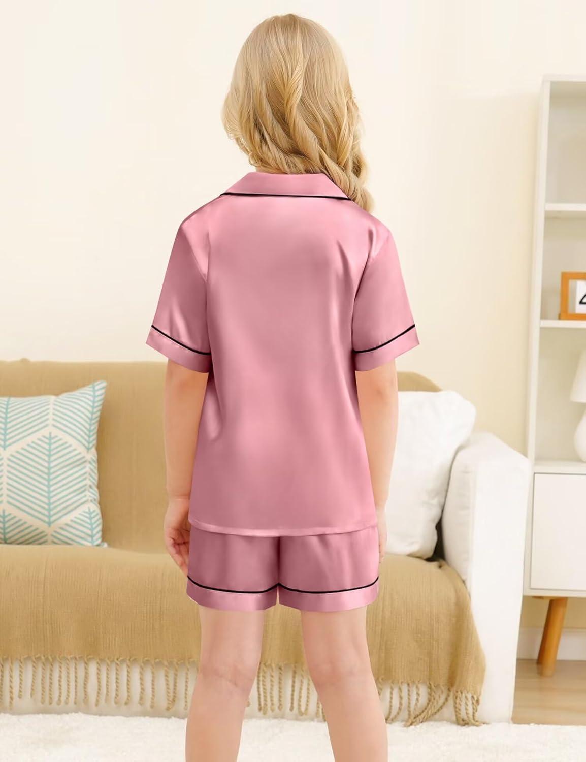 imageSWOMOG Silk Pajamas for Kids Girls Satin Pj Set Boys Sleepwear Button Down Short Sleeve Loungewear 2 PiecesMisty Rose