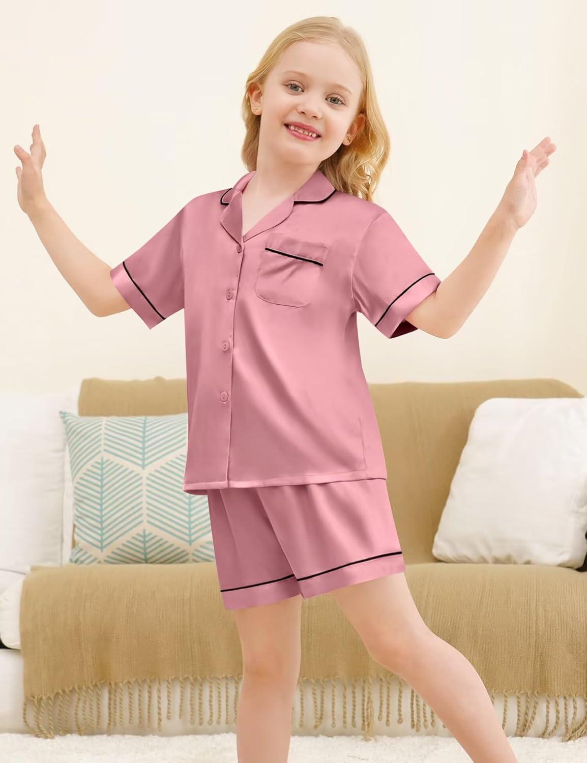 imageSWOMOG Silk Pajamas for Kids Girls Satin Pj Set Boys Sleepwear Button Down Short Sleeve Loungewear 2 PiecesMisty Rose