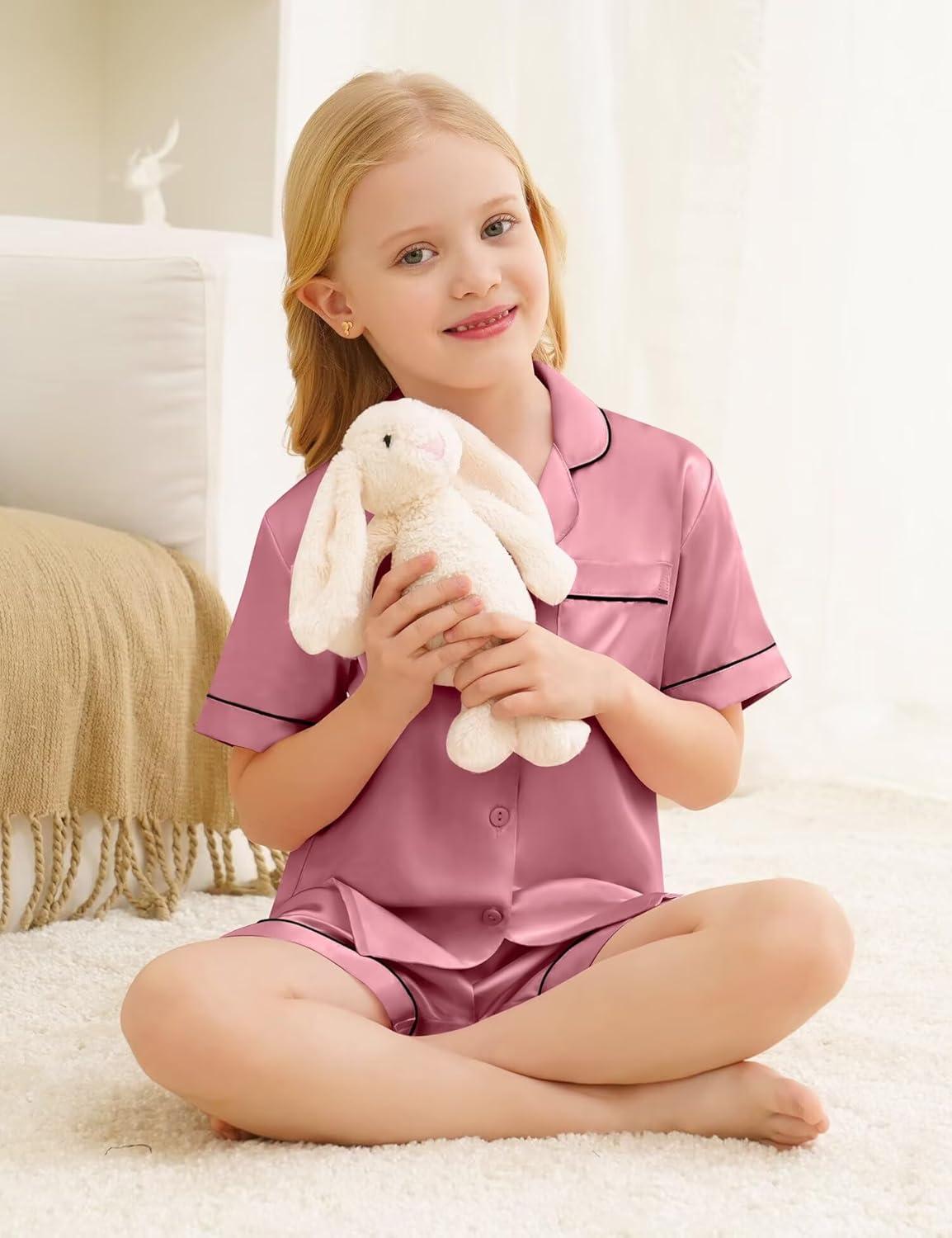 imageSWOMOG Silk Pajamas for Kids Girls Satin Pj Set Boys Sleepwear Button Down Short Sleeve Loungewear 2 PiecesMisty Rose