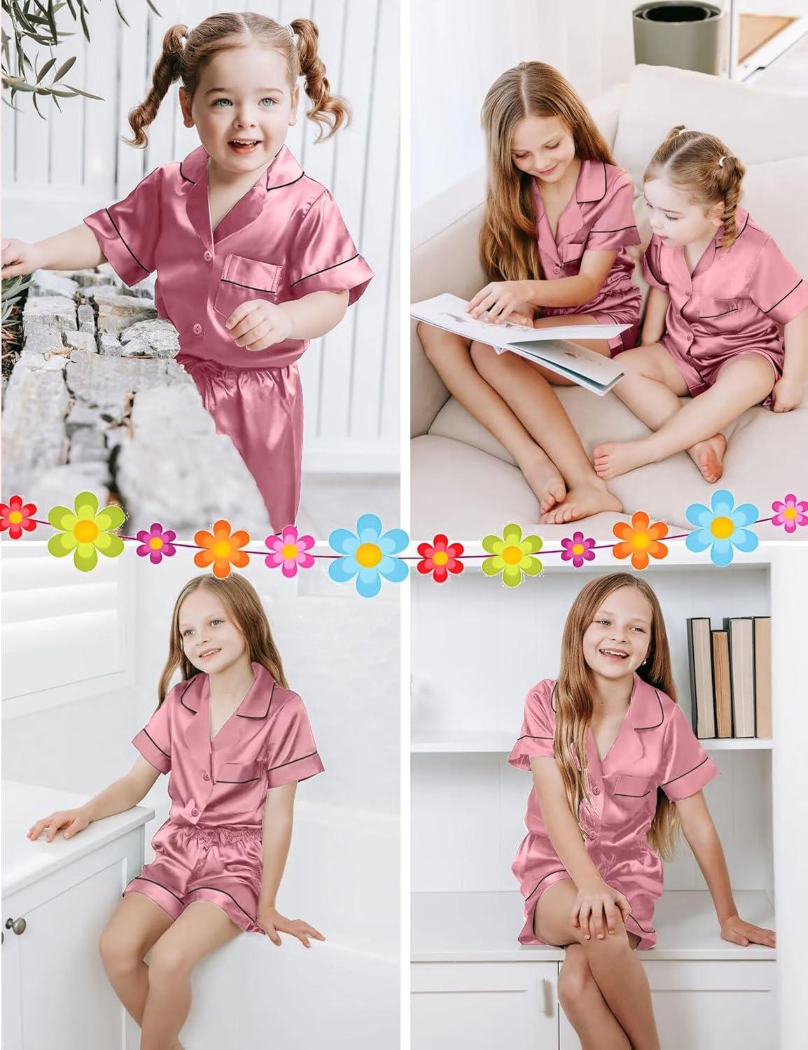 imageSWOMOG Silk Pajamas for Kids Girls Satin Pj Set Boys Sleepwear Button Down Short Sleeve Loungewear 2 PiecesMisty Rose