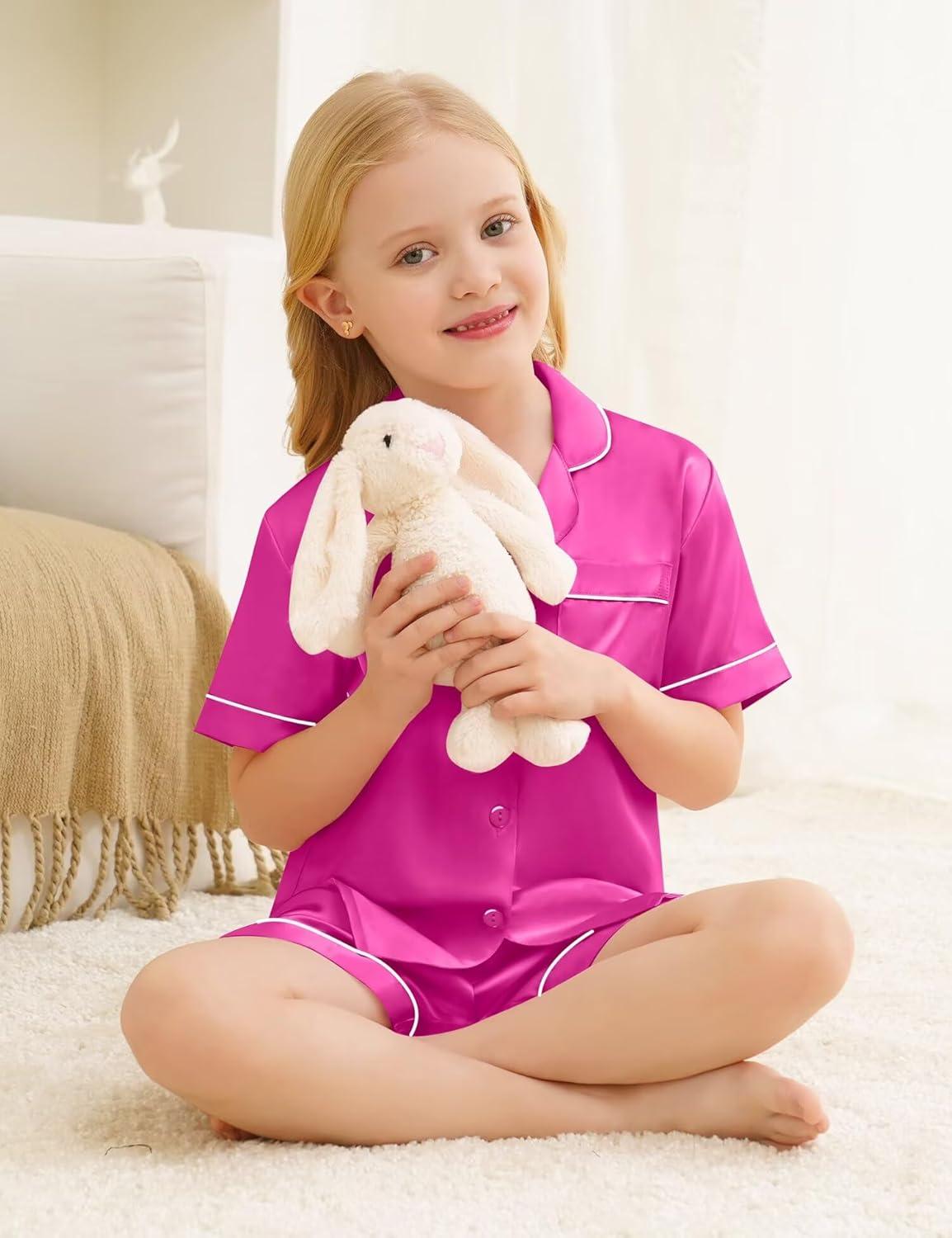 imageSWOMOG Silk Pajamas for Kids Girls Satin Pj Set Boys Sleepwear Button Down Short Sleeve Loungewear 2 PiecesRose Red