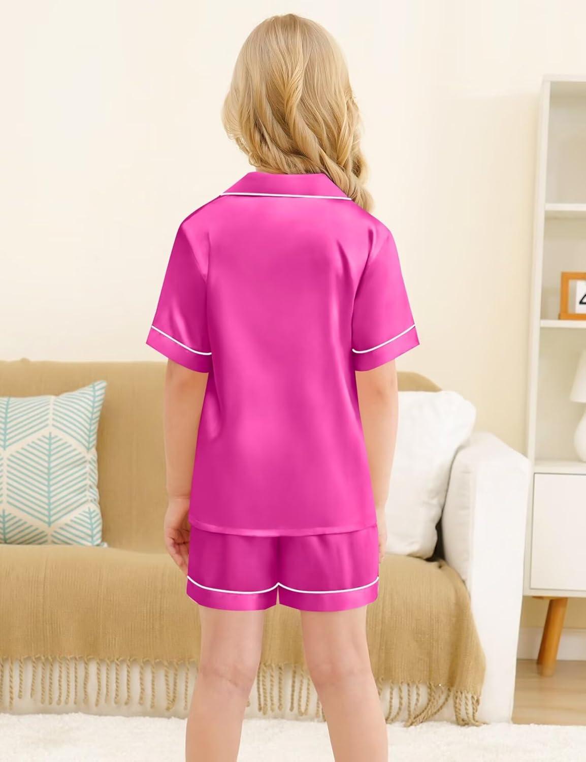 imageSWOMOG Silk Pajamas for Kids Girls Satin Pj Set Boys Sleepwear Button Down Short Sleeve Loungewear 2 PiecesRose Red