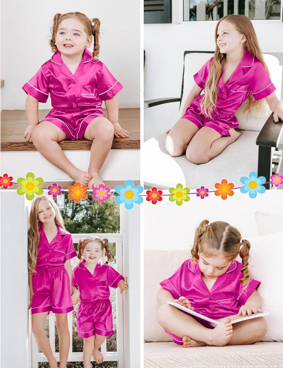 imageSWOMOG Silk Pajamas for Kids Girls Satin Pj Set Boys Sleepwear Button Down Short Sleeve Loungewear 2 PiecesRose Red