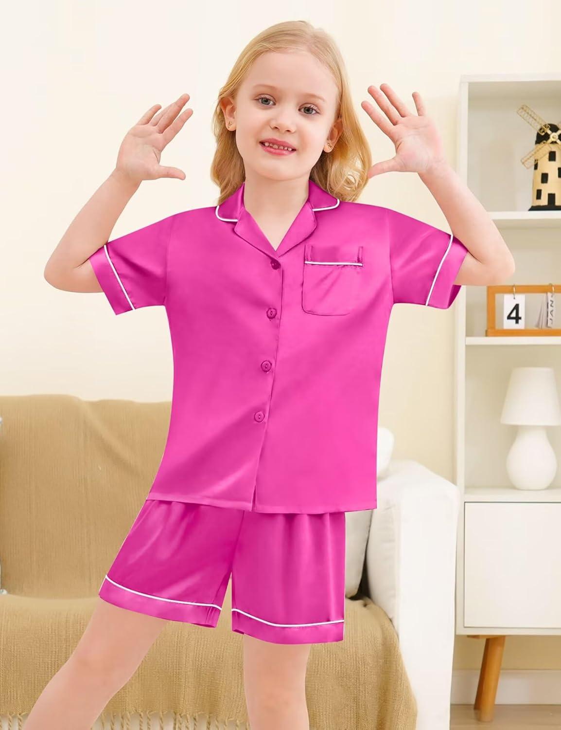 imageSWOMOG Silk Pajamas for Kids Girls Satin Pj Set Boys Sleepwear Button Down Short Sleeve Loungewear 2 PiecesRose Red
