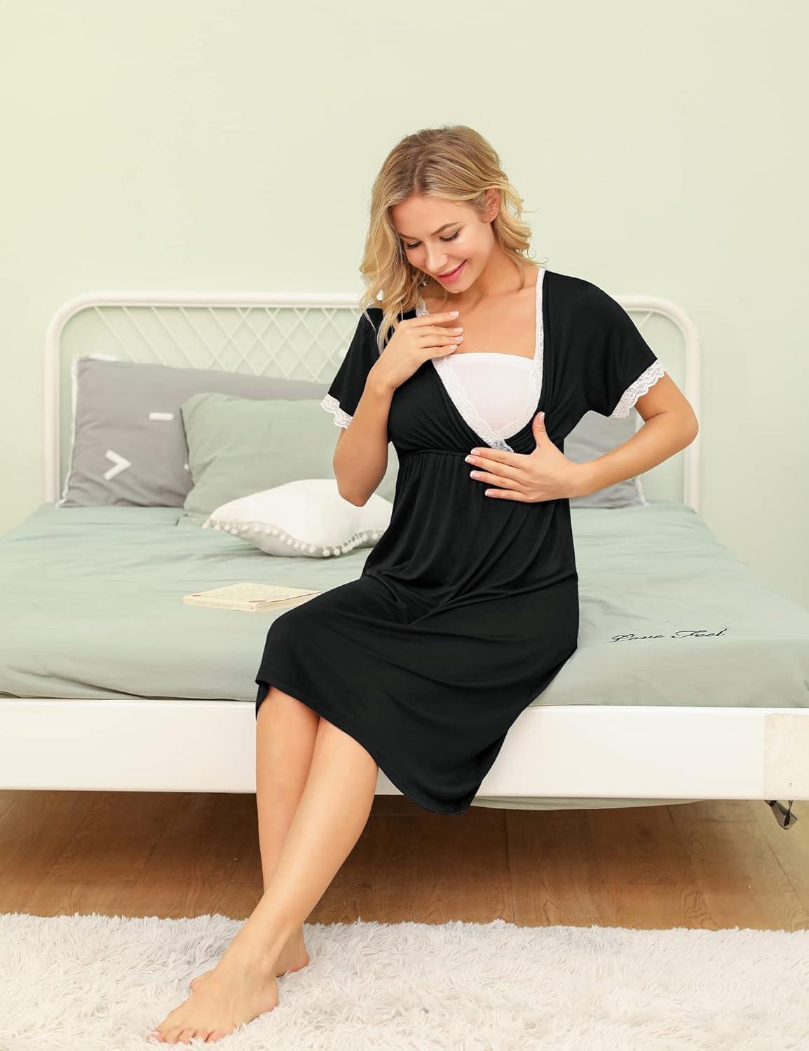 imageSWOMOG Women 3 in 1 DeliveryLaborNursing Nightgown Short Sleeve Pleated Maternity Sleepwear for BreastfeedingShort Sleeve Black