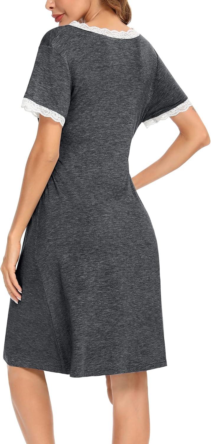 imageSWOMOG Women 3 in 1 DeliveryLaborNursing Nightgown Short Sleeve Pleated Maternity Sleepwear for BreastfeedingShort Sleeve Deep Grey