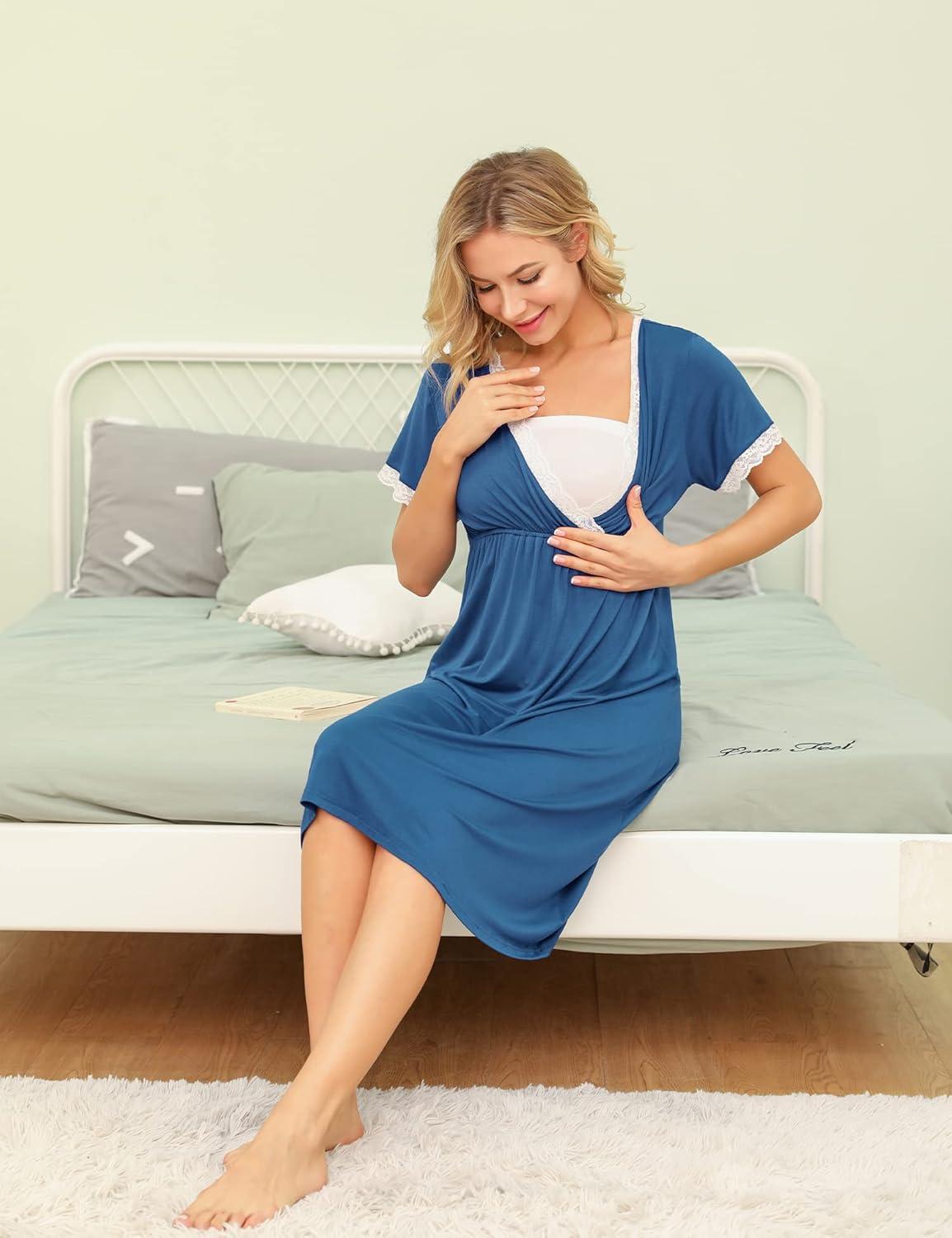 imageSWOMOG Women 3 in 1 DeliveryLaborNursing Nightgown Short Sleeve Pleated Maternity Sleepwear for BreastfeedingSleeve Short Navy