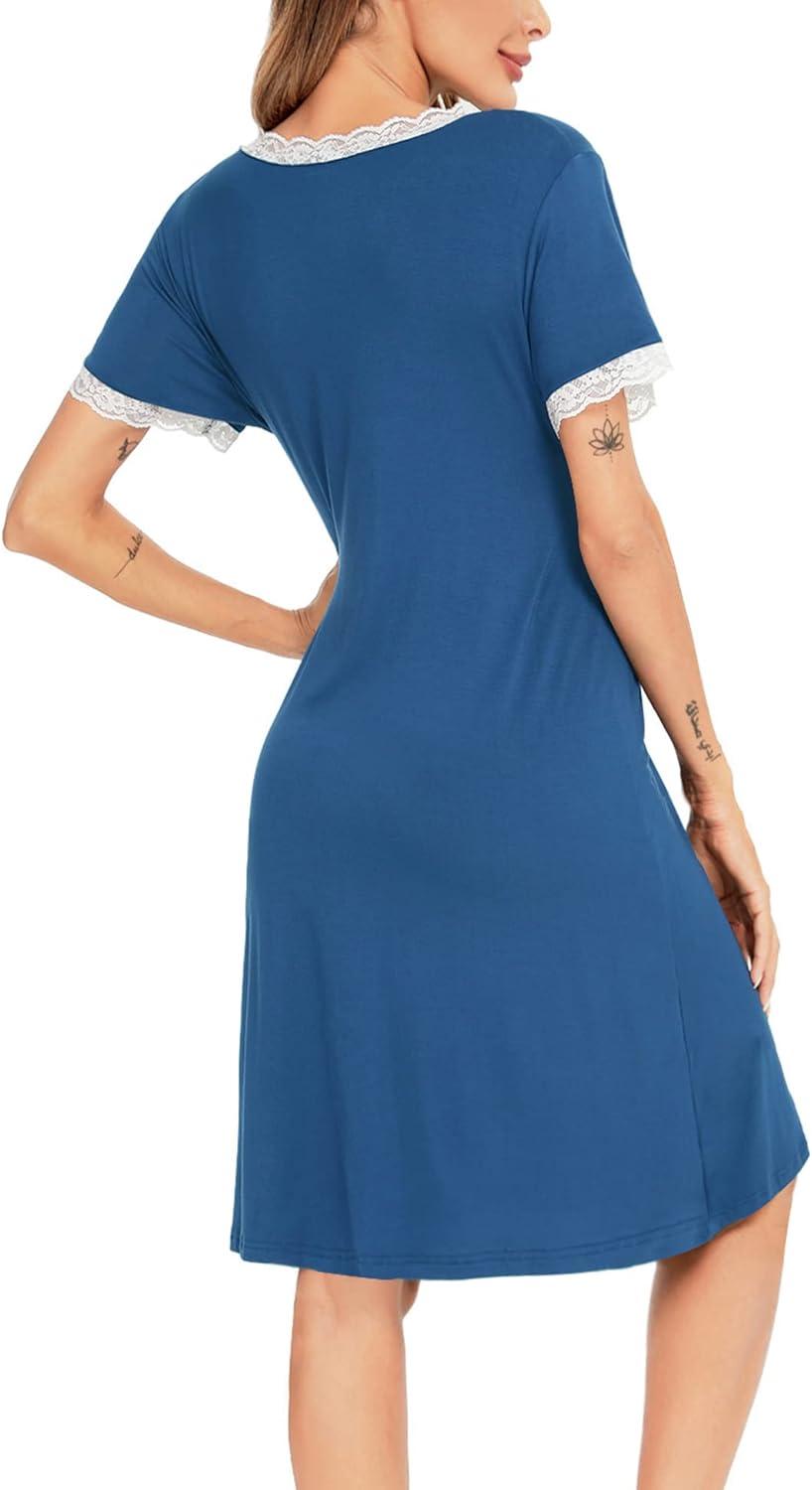 imageSWOMOG Women 3 in 1 DeliveryLaborNursing Nightgown Short Sleeve Pleated Maternity Sleepwear for BreastfeedingSleeve Short Navy