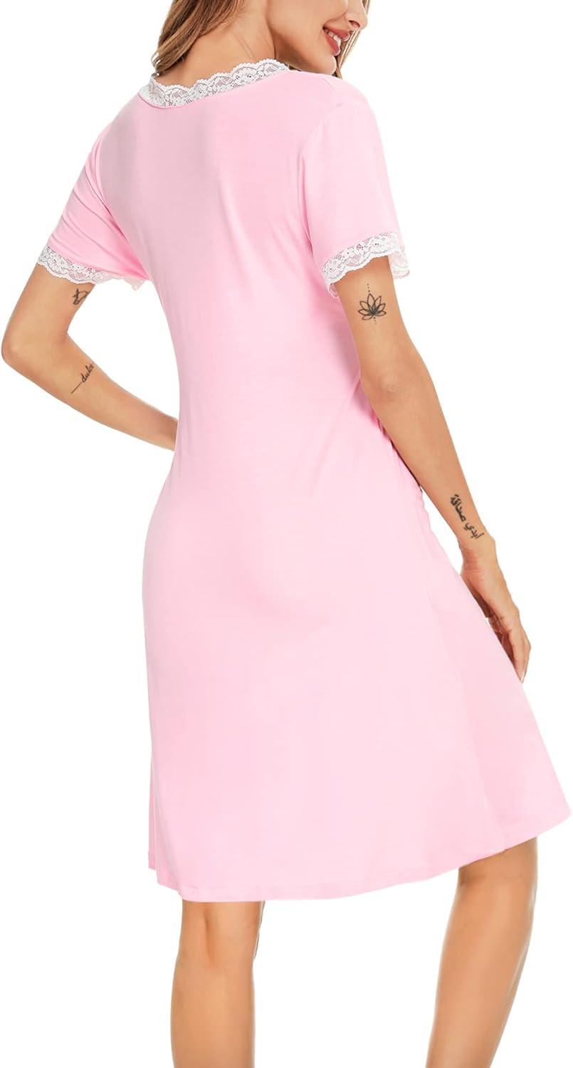 imageSWOMOG Women 3 in 1 DeliveryLaborNursing Nightgown Short Sleeve Pleated Maternity Sleepwear for BreastfeedingSleeve Short Pink