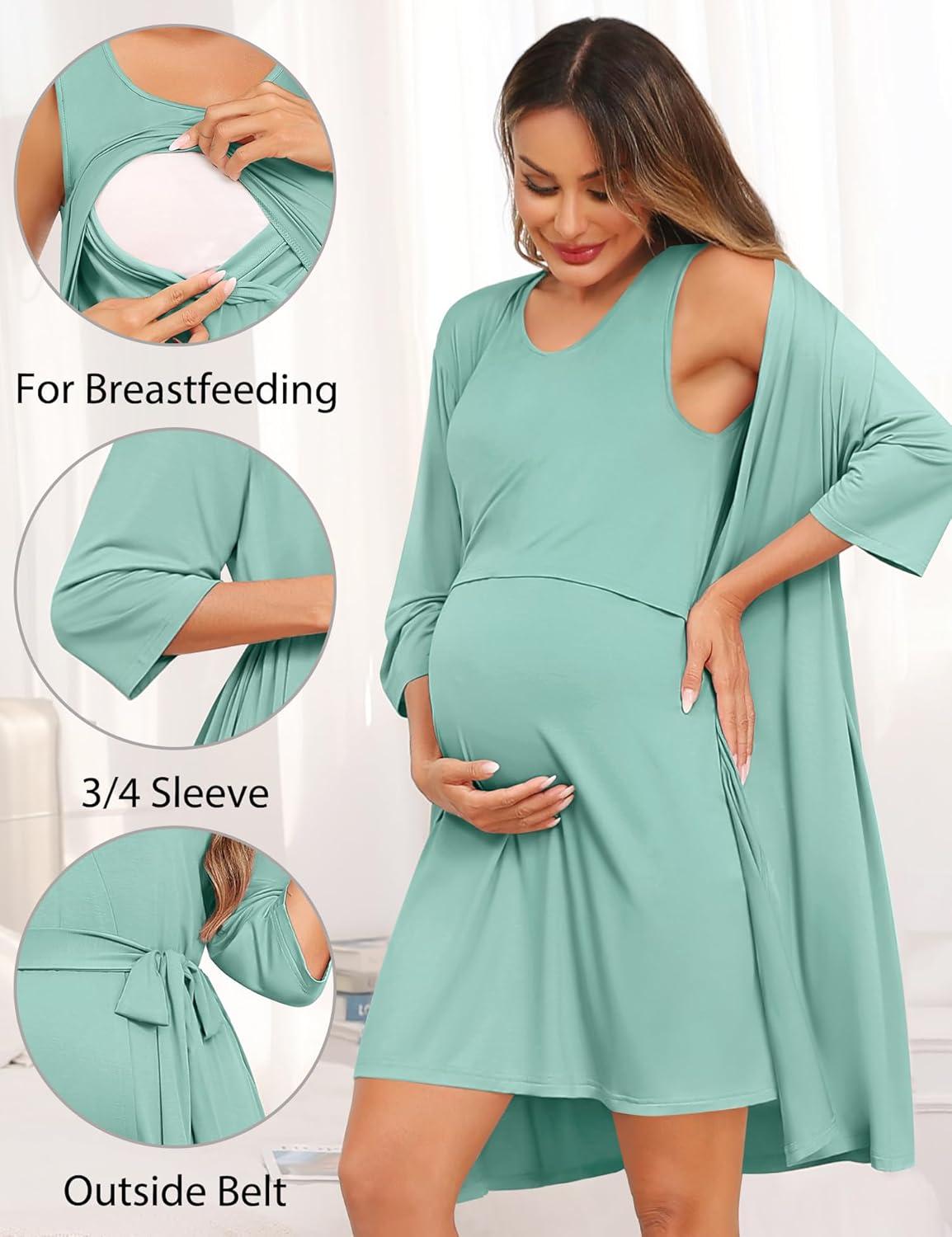 imageSWOMOG Women Maternity Nursing Gown and 34 Sleeve Robe Set Labor Delivery Nightgown Breastfeeding Hospital BathrobeAqua Green