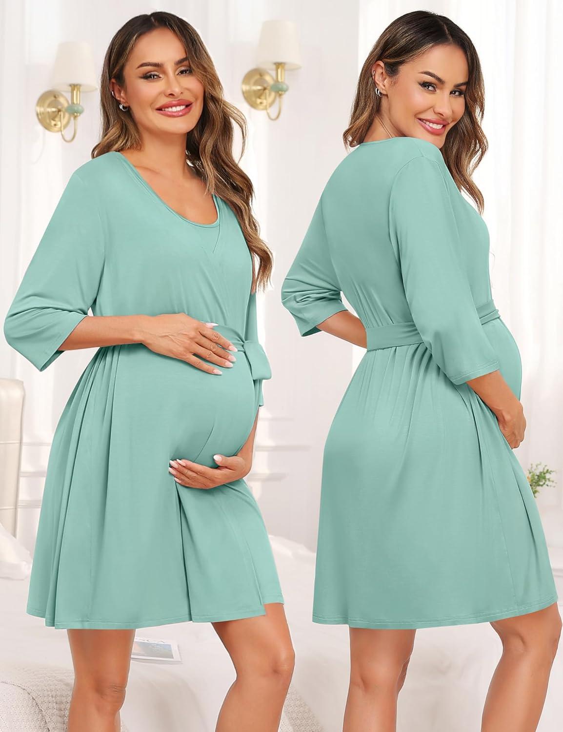 imageSWOMOG Women Maternity Nursing Gown and 34 Sleeve Robe Set Labor Delivery Nightgown Breastfeeding Hospital BathrobeAqua Green