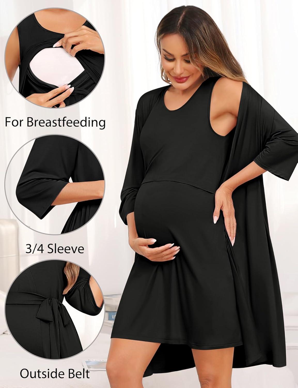 imageSWOMOG Women Maternity Nursing Gown and 34 Sleeve Robe Set Labor Delivery Nightgown Breastfeeding Hospital BathrobeBlack