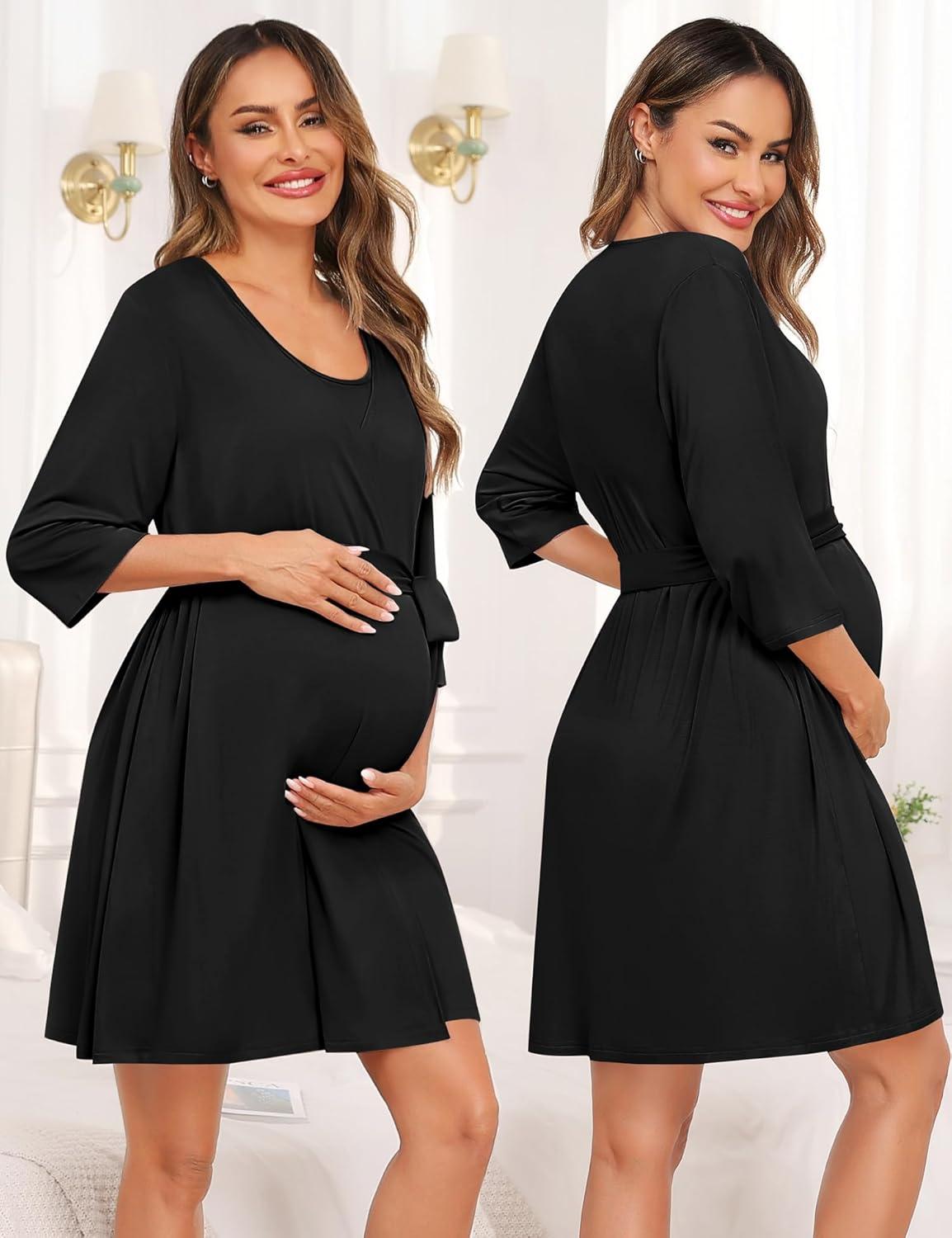 imageSWOMOG Women Maternity Nursing Gown and 34 Sleeve Robe Set Labor Delivery Nightgown Breastfeeding Hospital BathrobeBlack