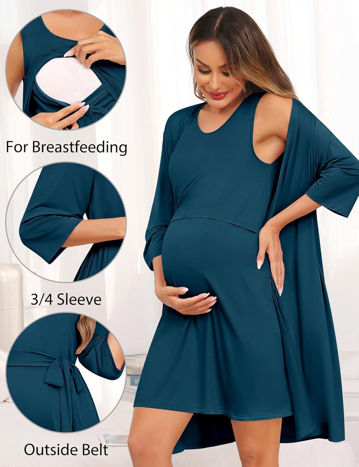 imageSWOMOG Women Maternity Nursing Gown and 34 Sleeve Robe Set Labor Delivery Nightgown Breastfeeding Hospital BathrobeOxford Blue
