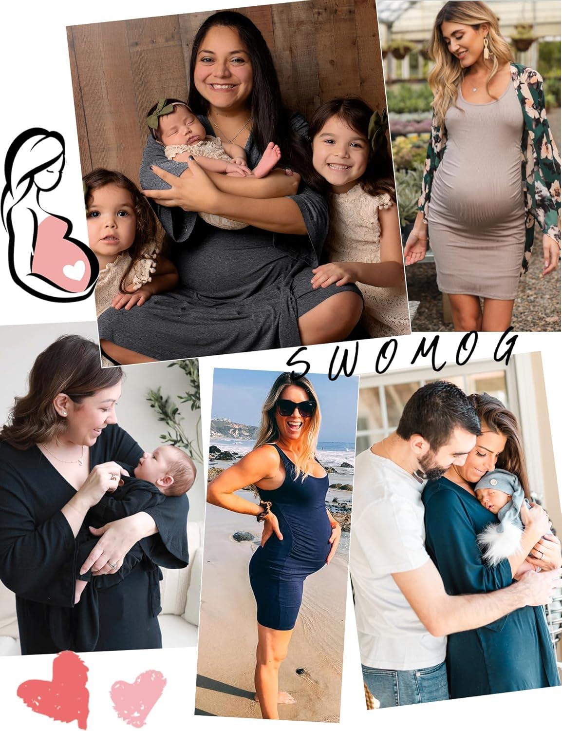 imageSWOMOG Women Maternity Nursing Gown and 34 Sleeve Robe Set Labor Delivery Nightgown Breastfeeding Hospital BathrobeOxford Blue