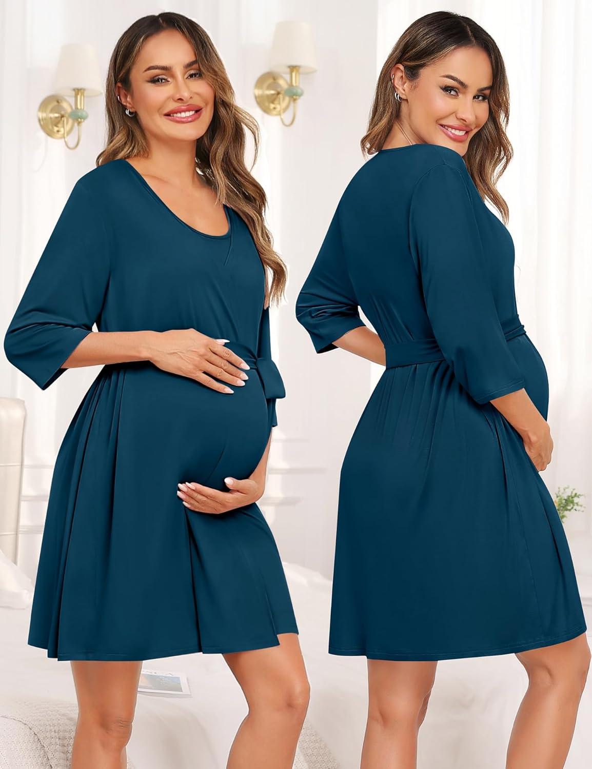 imageSWOMOG Women Maternity Nursing Gown and 34 Sleeve Robe Set Labor Delivery Nightgown Breastfeeding Hospital BathrobeOxford Blue