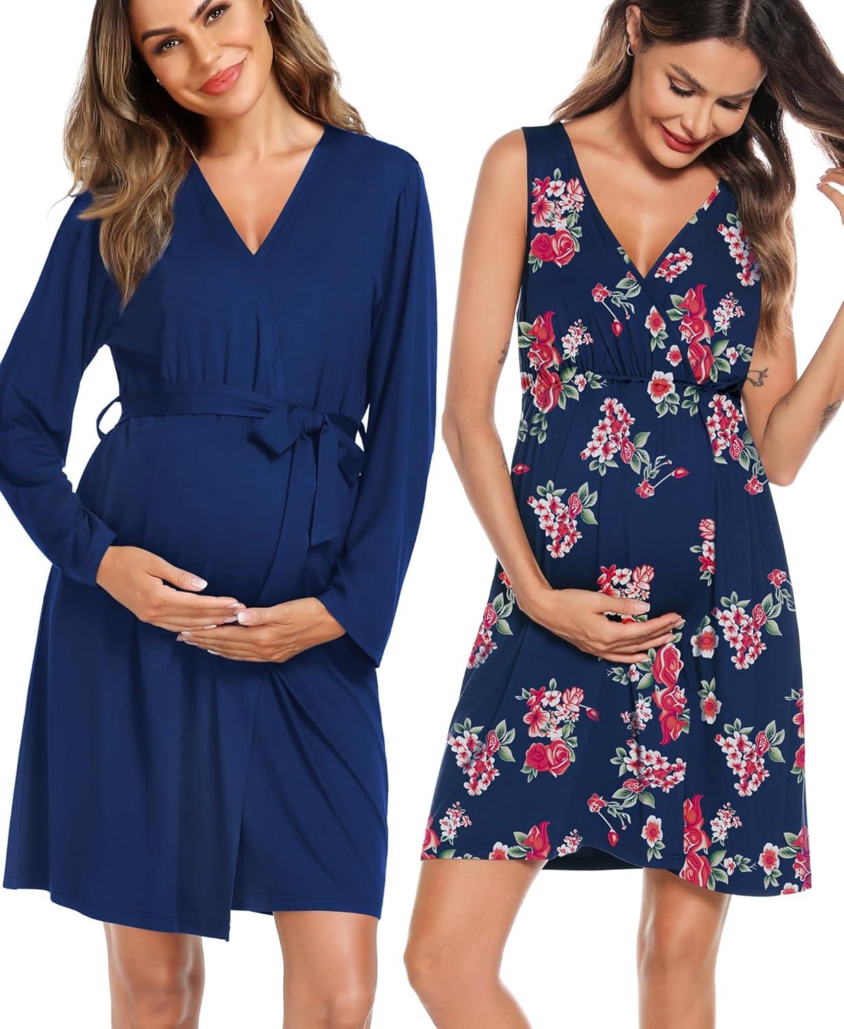 imageSWOMOG Women Maternity Nursing Gown and Robe Set 3 in 1 Labor Delivery Nursing Nightgown for Breastfeeding Hospital BathrobeBlue Red Flower