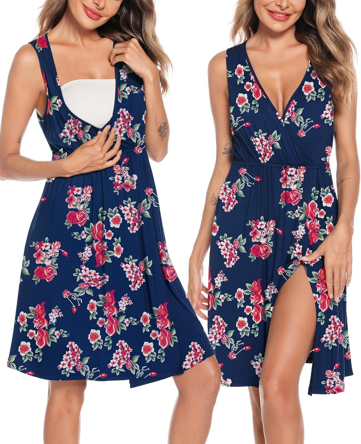 imageSWOMOG Women Maternity Nursing Gown and Robe Set 3 in 1 Labor Delivery Nursing Nightgown for Breastfeeding Hospital BathrobeBlue Red Flower