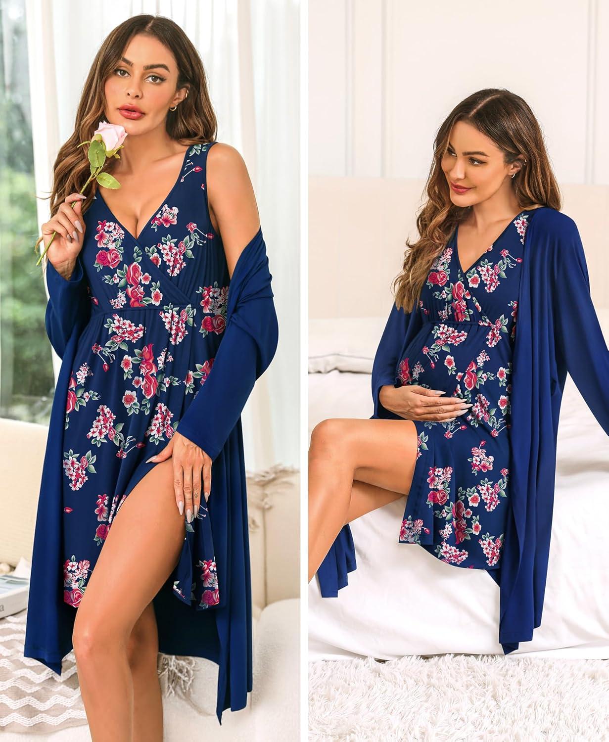 imageSWOMOG Women Maternity Nursing Gown and Robe Set 3 in 1 Labor Delivery Nursing Nightgown for Breastfeeding Hospital BathrobeBlue Red Flower
