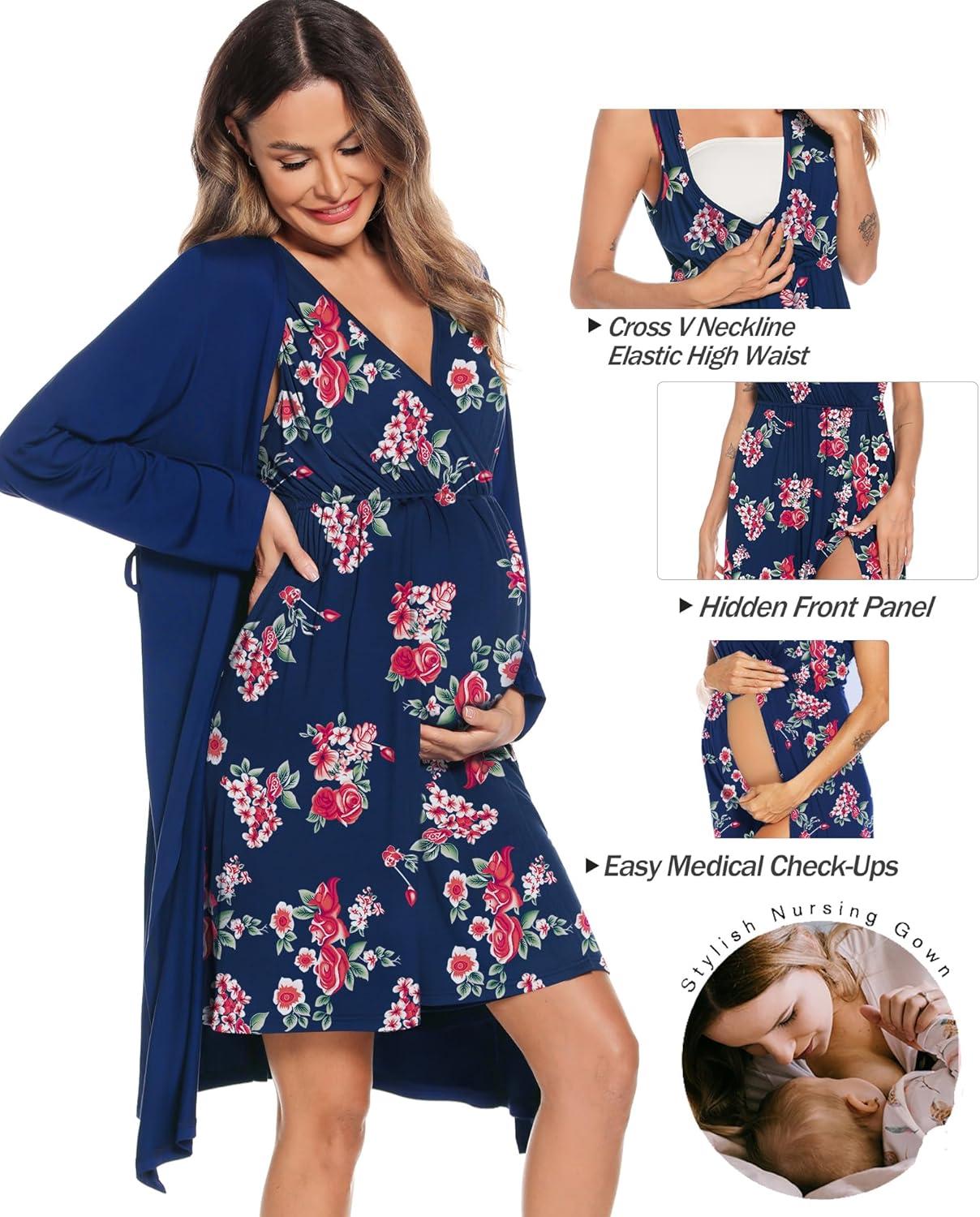 imageSWOMOG Women Maternity Nursing Gown and Robe Set 3 in 1 Labor Delivery Nursing Nightgown for Breastfeeding Hospital BathrobeBlue Red Flower