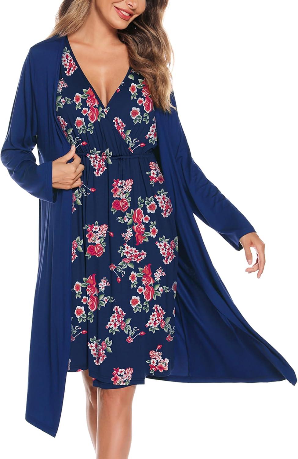 imageSWOMOG Women Maternity Nursing Gown and Robe Set 3 in 1 Labor Delivery Nursing Nightgown for Breastfeeding Hospital BathrobeBlue Red Flower