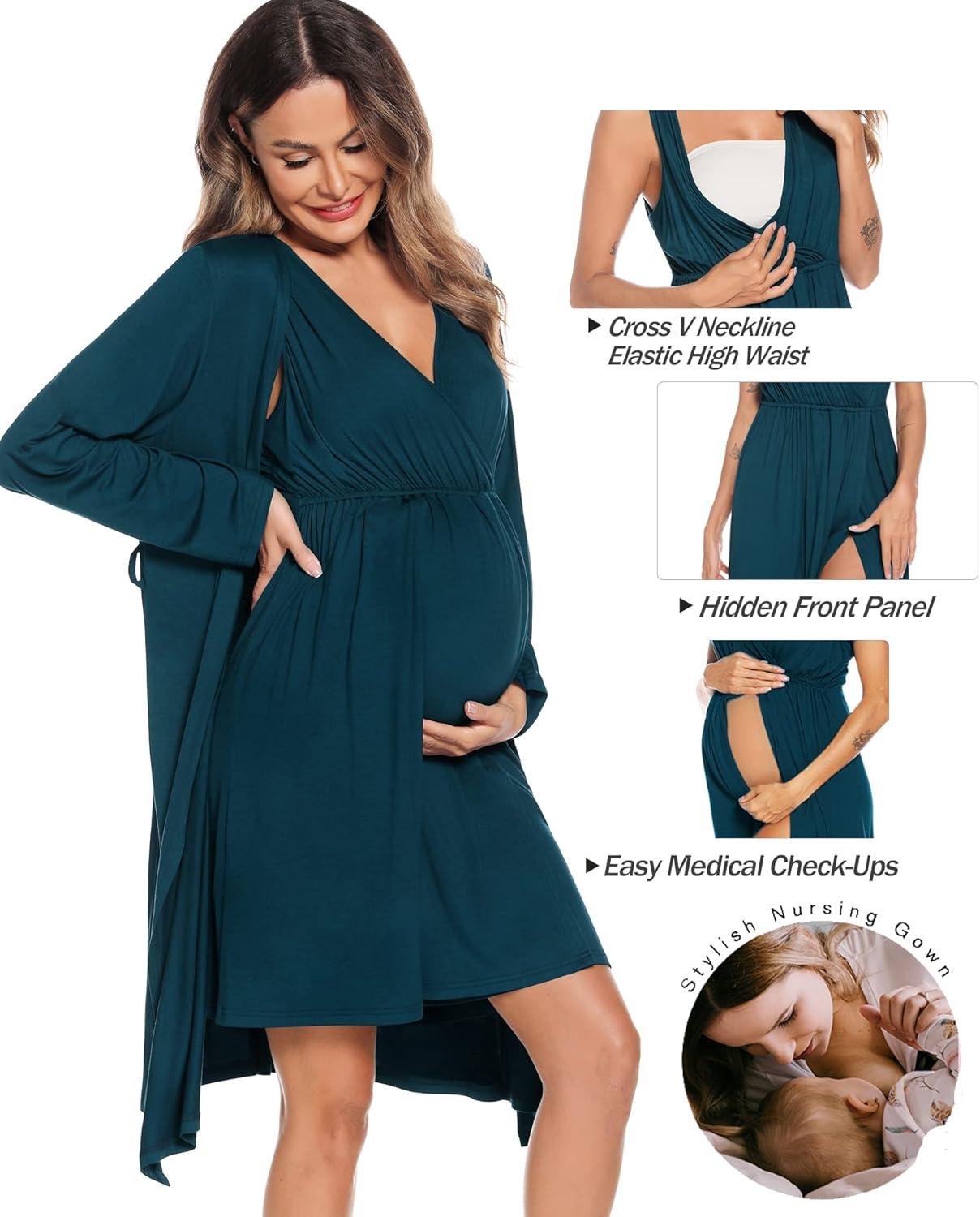 imageSWOMOG Women Maternity Nursing Gown and Robe Set 3 in 1 Labor Delivery Nursing Nightgown for Breastfeeding Hospital BathrobeBlue Green