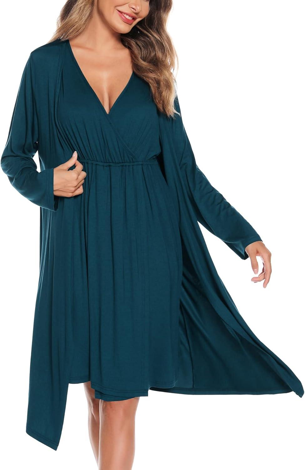 imageSWOMOG Women Maternity Nursing Gown and Robe Set 3 in 1 Labor Delivery Nursing Nightgown for Breastfeeding Hospital BathrobeBlue Green