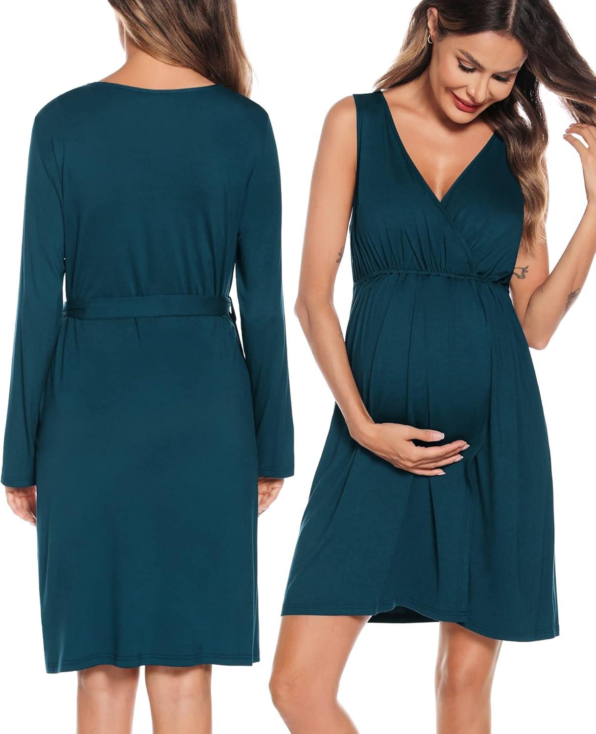 imageSWOMOG Women Maternity Nursing Gown and Robe Set 3 in 1 Labor Delivery Nursing Nightgown for Breastfeeding Hospital BathrobeBlue Green