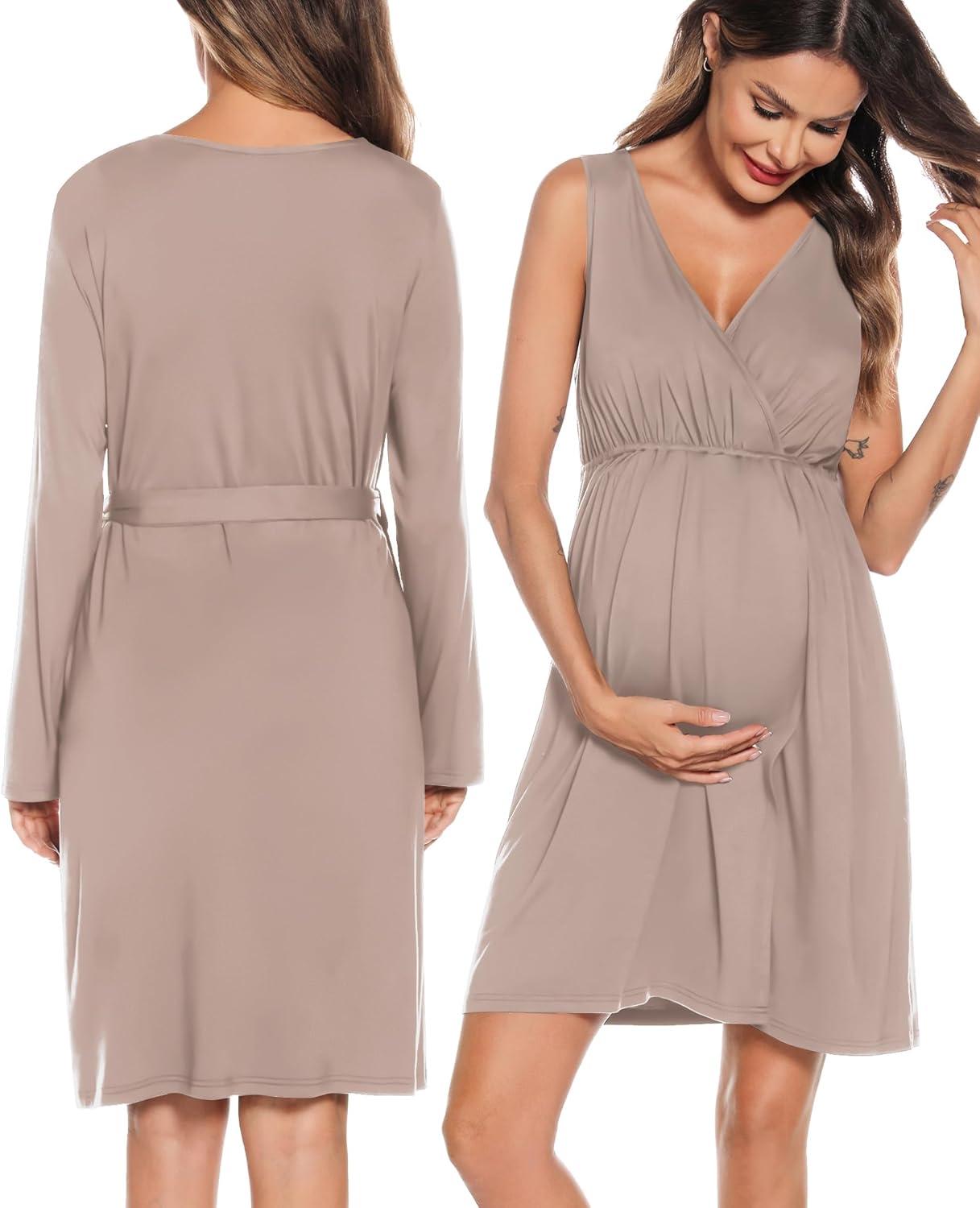 imageSWOMOG Women Maternity Nursing Gown and Robe Set 3 in 1 Labor Delivery Nursing Nightgown for Breastfeeding Hospital BathrobeLight Brown