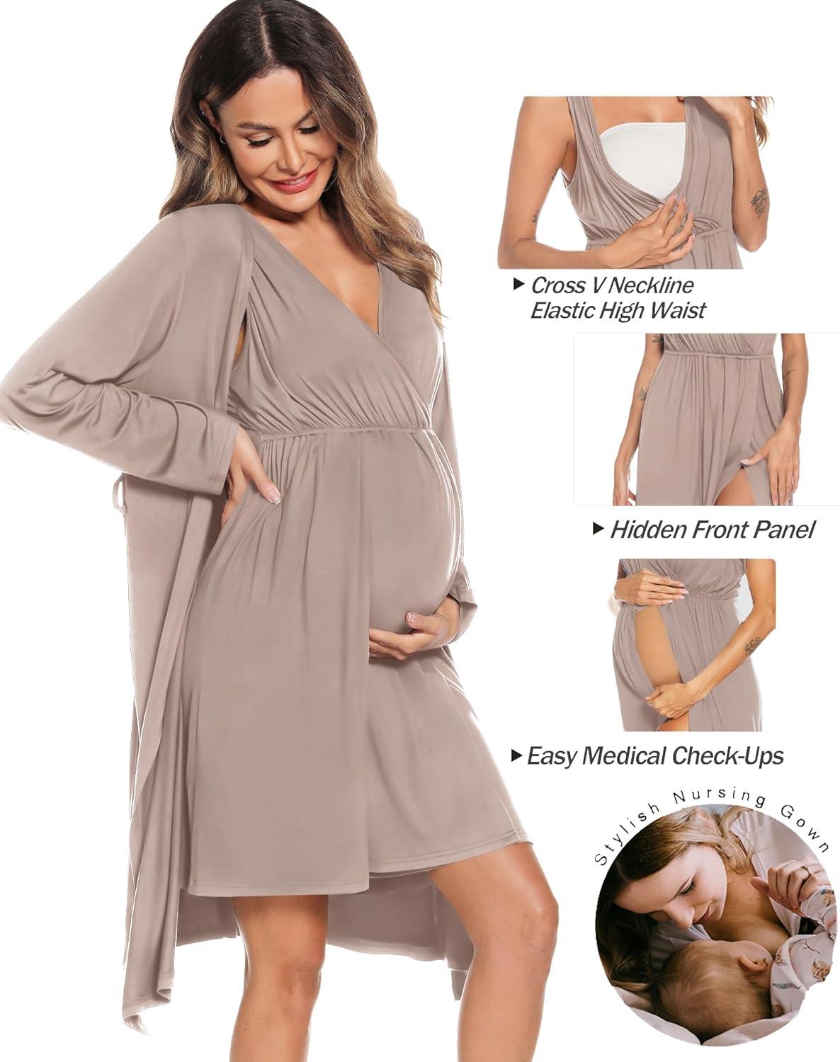 imageSWOMOG Women Maternity Nursing Gown and Robe Set 3 in 1 Labor Delivery Nursing Nightgown for Breastfeeding Hospital BathrobeLight Brown