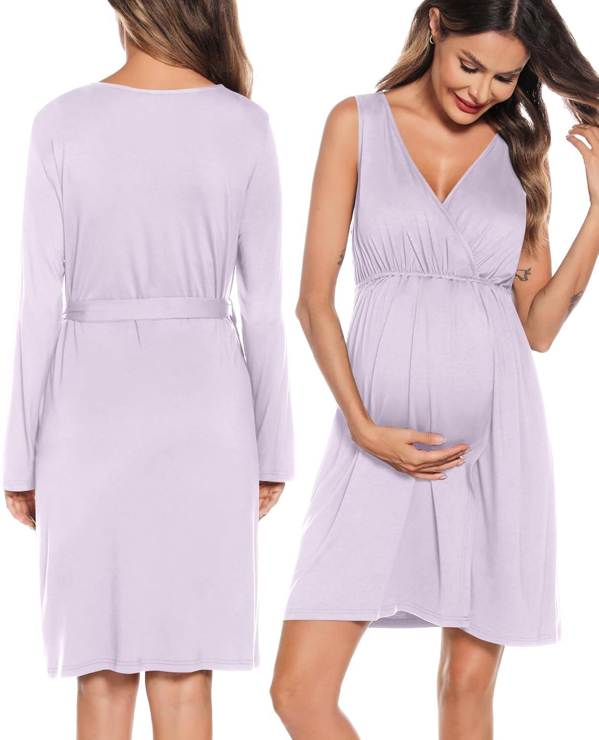 imageSWOMOG Women Maternity Nursing Gown and Robe Set 3 in 1 Labor Delivery Nursing Nightgown for Breastfeeding Hospital BathrobeLilac