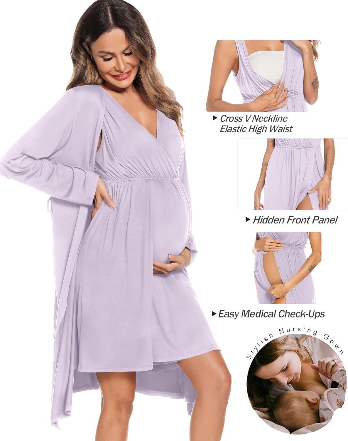 imageSWOMOG Women Maternity Nursing Gown and Robe Set 3 in 1 Labor Delivery Nursing Nightgown for Breastfeeding Hospital BathrobeLilac