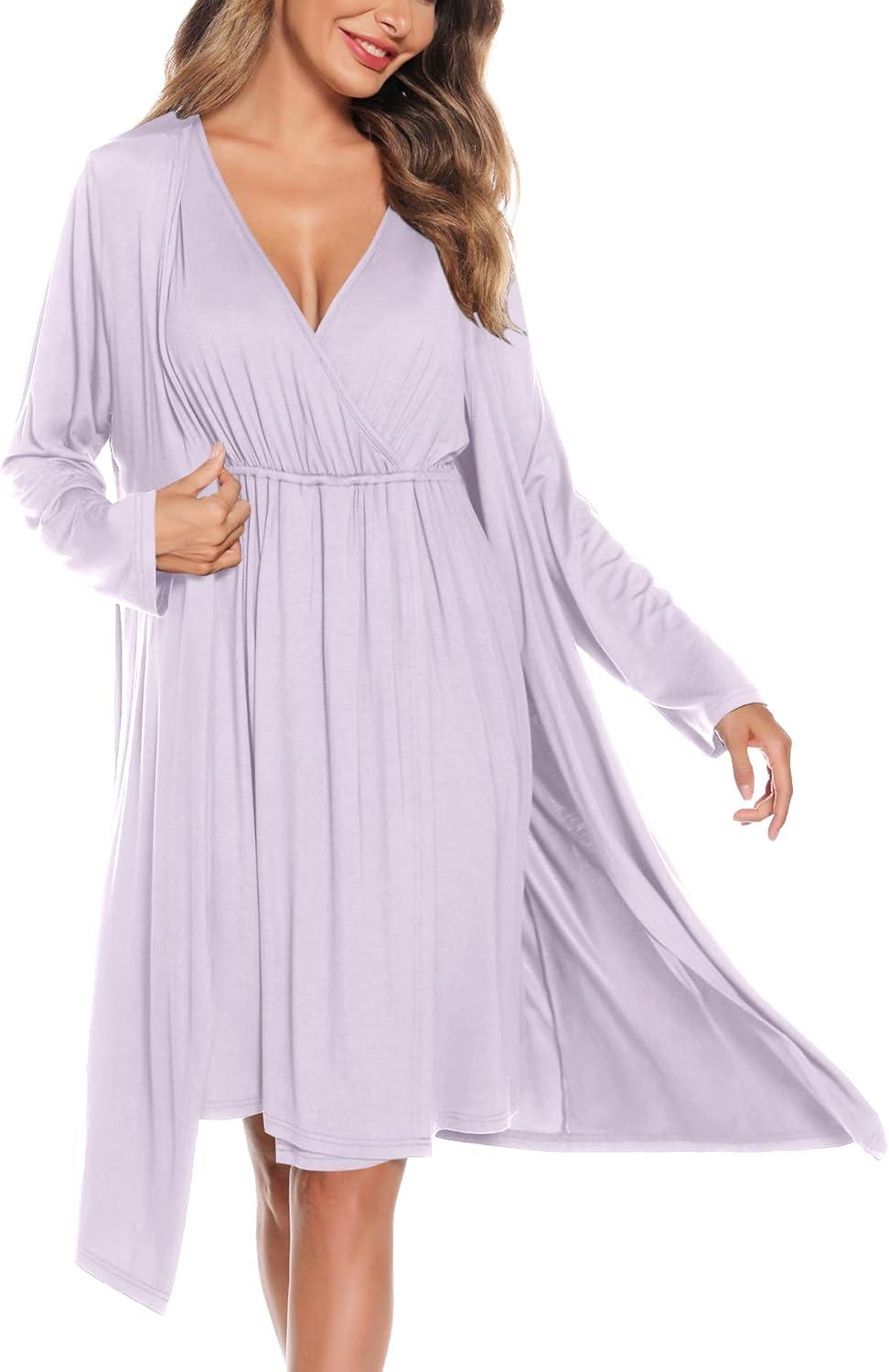 imageSWOMOG Women Maternity Nursing Gown and Robe Set 3 in 1 Labor Delivery Nursing Nightgown for Breastfeeding Hospital BathrobeLilac