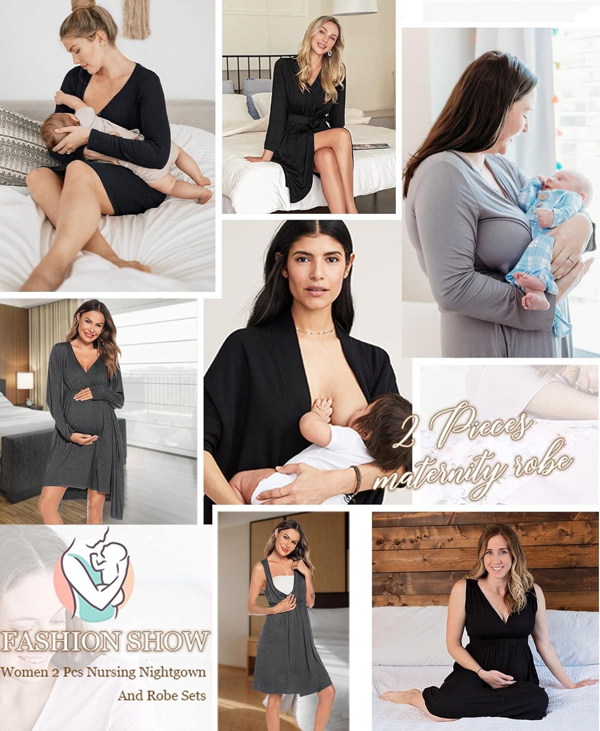 imageSWOMOG Women Maternity Nursing Gown and Robe Set 3 in 1 Labor Delivery Nursing Nightgown for Breastfeeding Hospital BathrobeWineberry