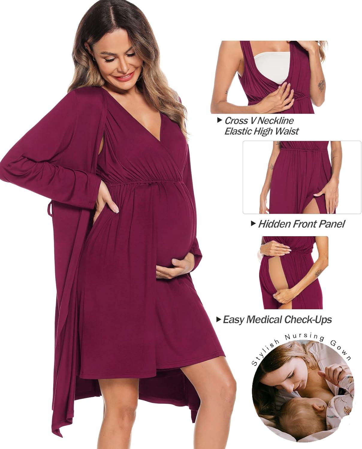 imageSWOMOG Women Maternity Nursing Gown and Robe Set 3 in 1 Labor Delivery Nursing Nightgown for Breastfeeding Hospital BathrobeWineberry