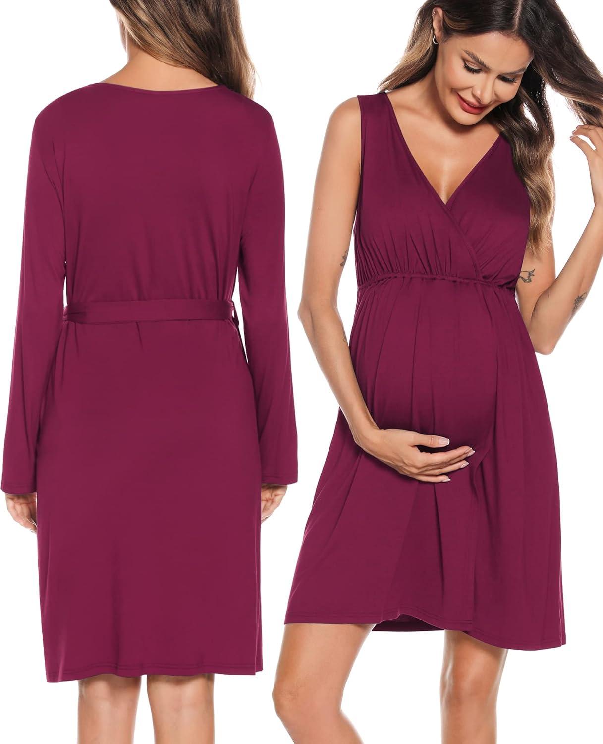 imageSWOMOG Women Maternity Nursing Gown and Robe Set 3 in 1 Labor Delivery Nursing Nightgown for Breastfeeding Hospital BathrobeWineberry