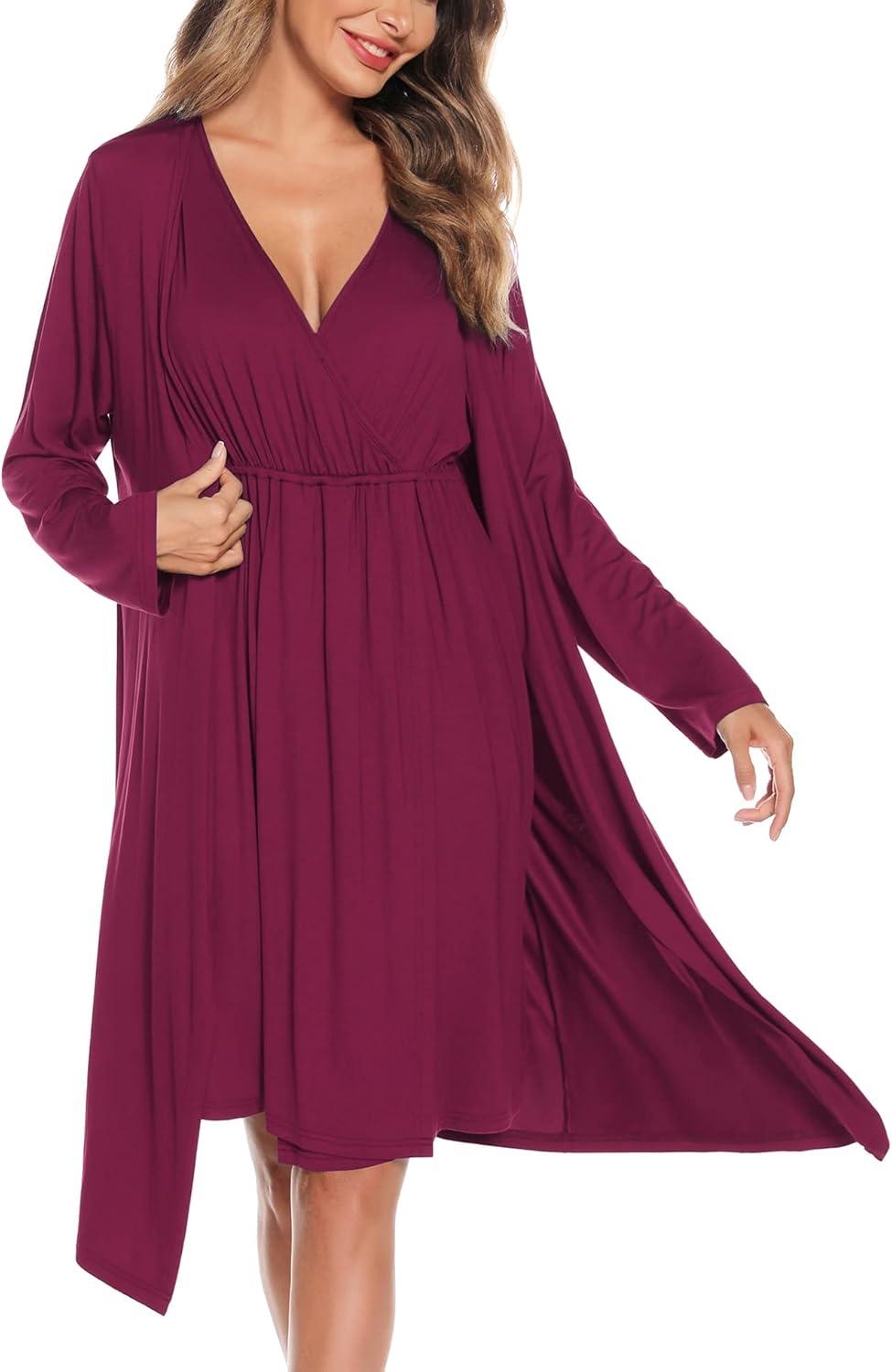 imageSWOMOG Women Maternity Nursing Gown and Robe Set 3 in 1 Labor Delivery Nursing Nightgown for Breastfeeding Hospital BathrobeWineberry