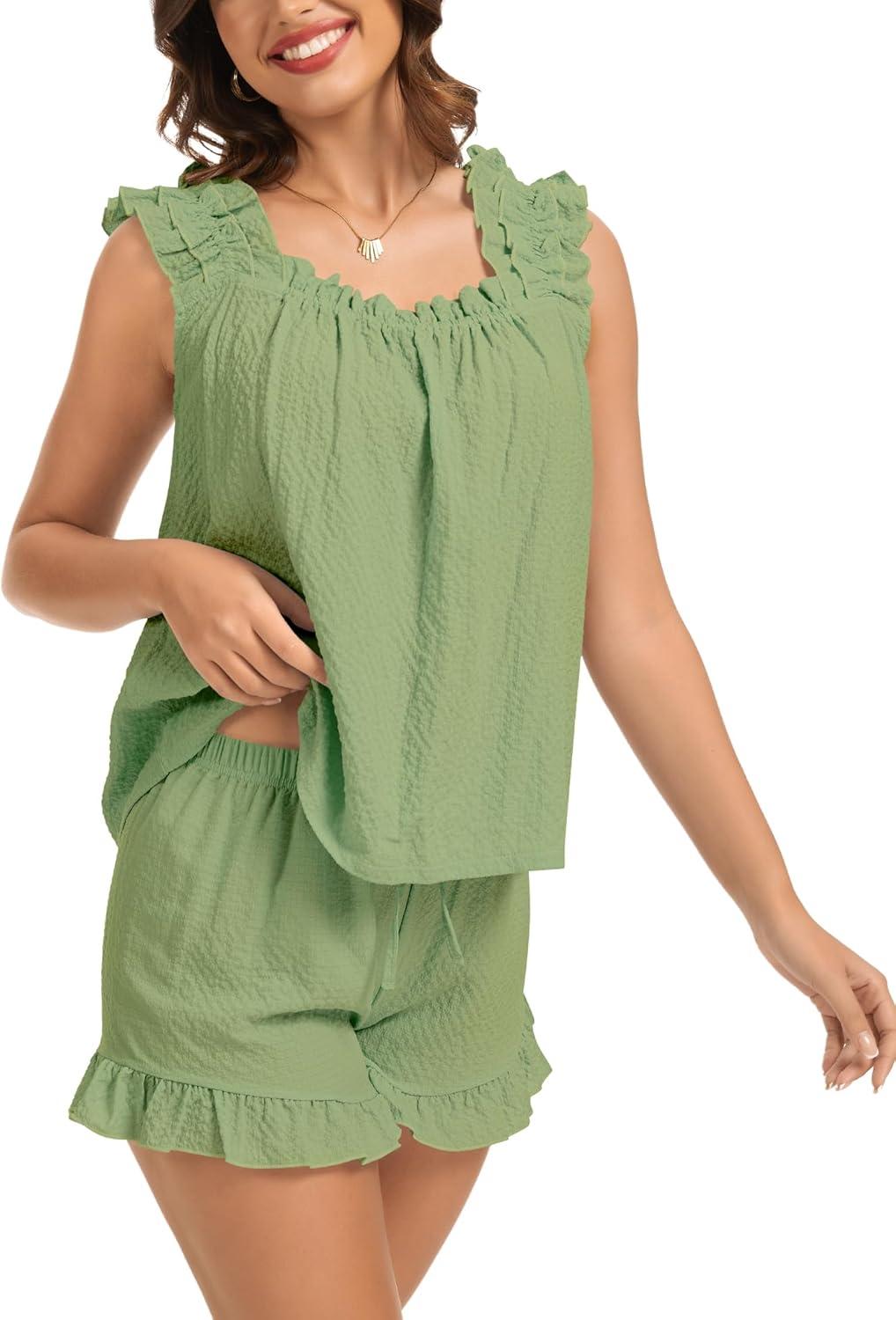 imageSWOMOG Women Pajama Sets 2 Pcs Ruffle Pjs Bridal Pajamas for Women Sleepwear Set with Tank Tops and ShortsGreen