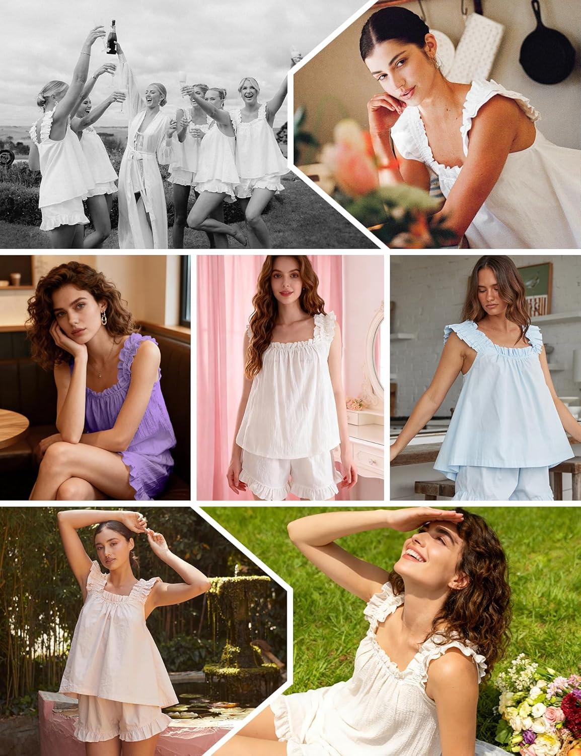 imageSWOMOG Women Pajama Sets 2 Pcs Ruffle Pjs Bridal Pajamas for Women Sleepwear Set with Tank Tops and ShortsPink