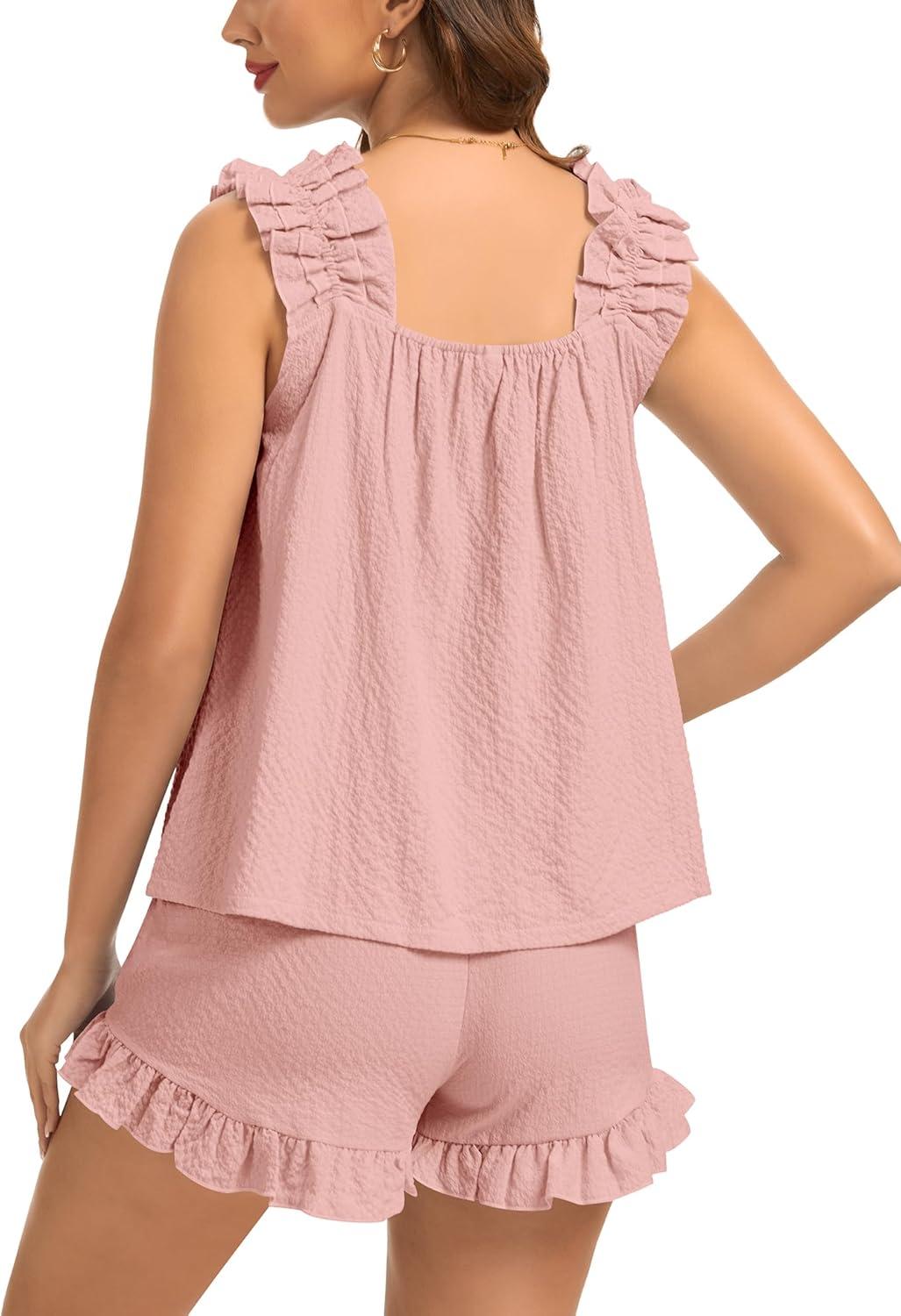 imageSWOMOG Women Pajama Sets 2 Pcs Ruffle Pjs Bridal Pajamas for Women Sleepwear Set with Tank Tops and ShortsPink