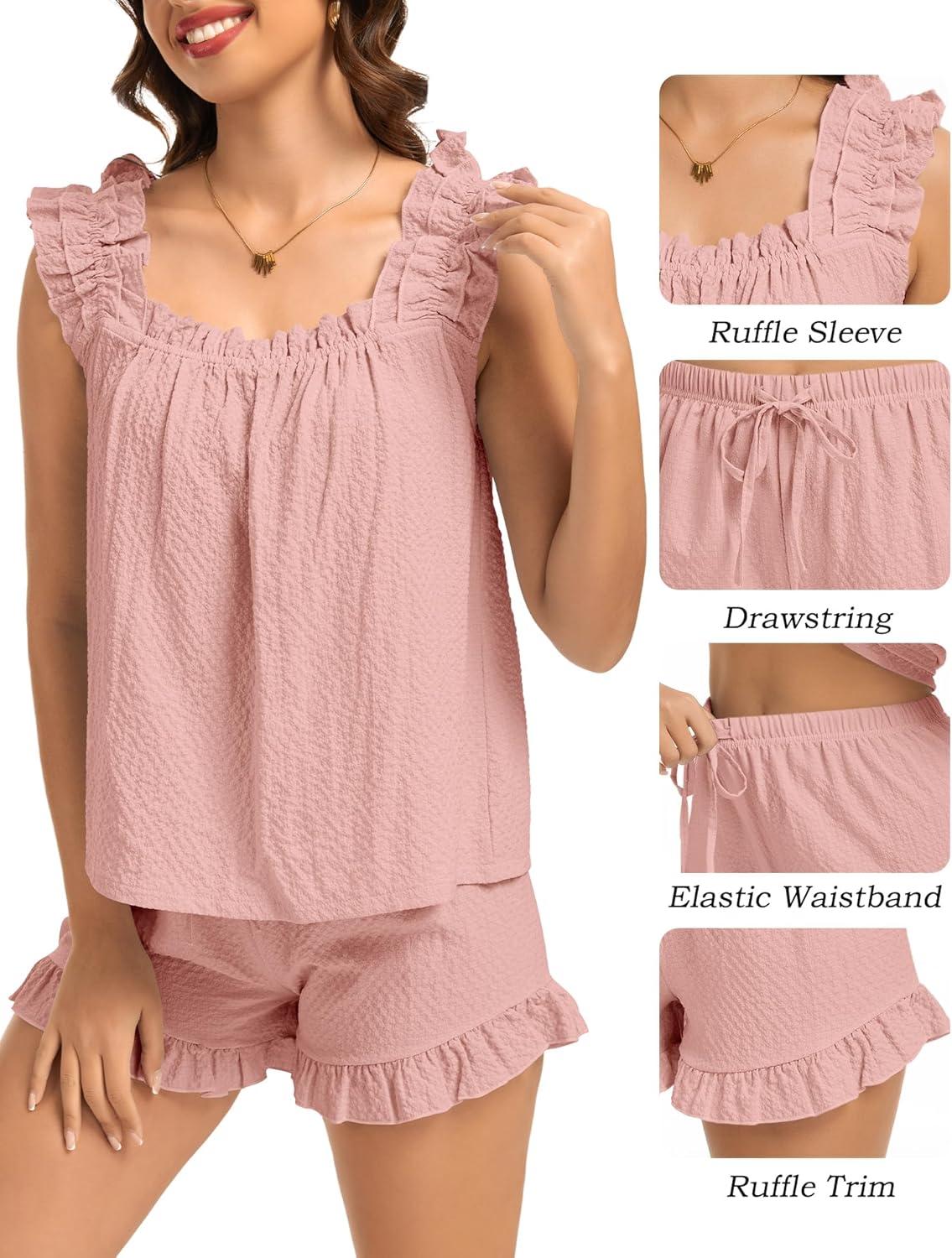 imageSWOMOG Women Pajama Sets 2 Pcs Ruffle Pjs Bridal Pajamas for Women Sleepwear Set with Tank Tops and ShortsPink