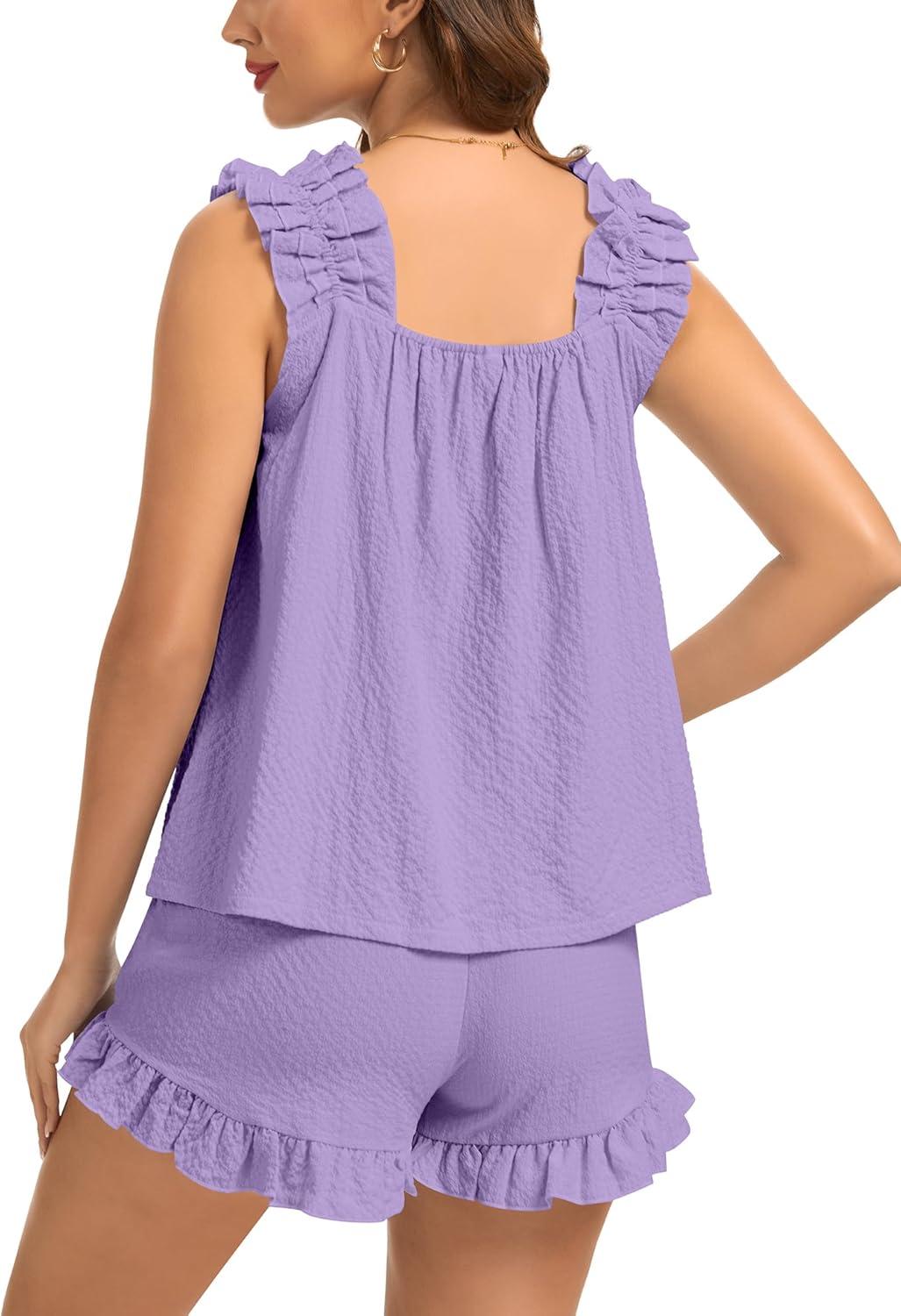 imageSWOMOG Women Pajama Sets 2 Pcs Ruffle Pjs Bridal Pajamas for Women Sleepwear Set with Tank Tops and ShortsPurple