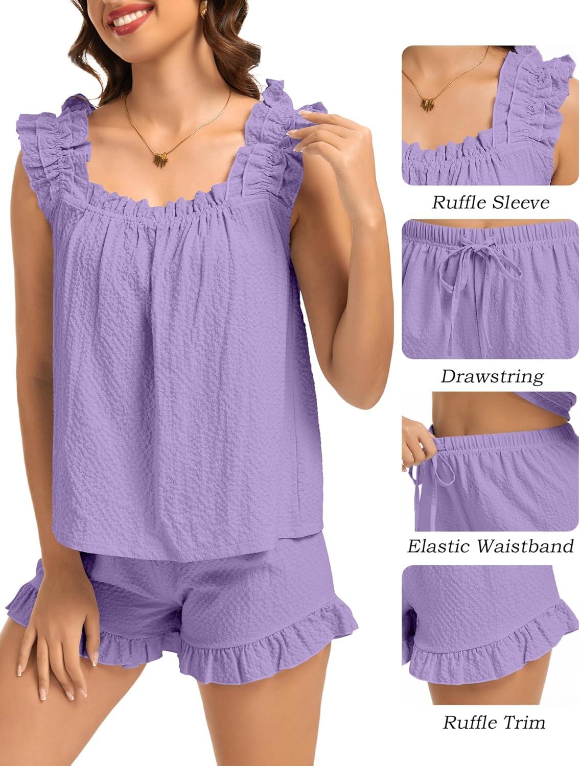 imageSWOMOG Women Pajama Sets 2 Pcs Ruffle Pjs Bridal Pajamas for Women Sleepwear Set with Tank Tops and ShortsPurple
