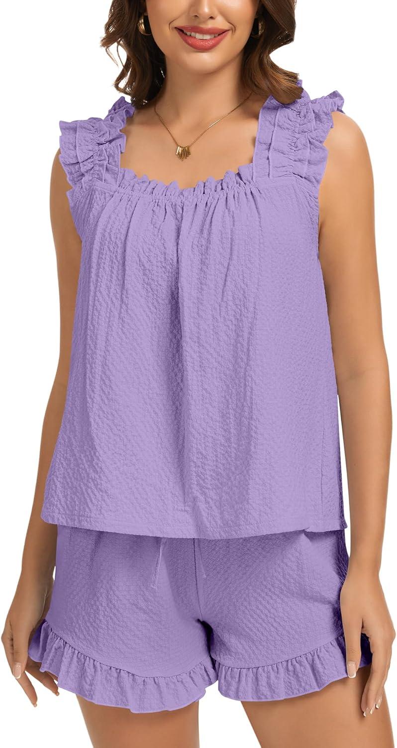imageSWOMOG Women Pajama Sets 2 Pcs Ruffle Pjs Bridal Pajamas for Women Sleepwear Set with Tank Tops and ShortsPurple