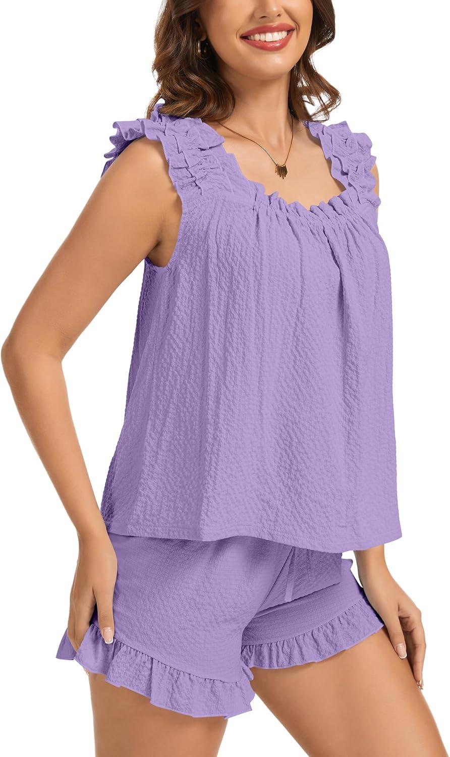 imageSWOMOG Women Pajama Sets 2 Pcs Ruffle Pjs Bridal Pajamas for Women Sleepwear Set with Tank Tops and ShortsPurple