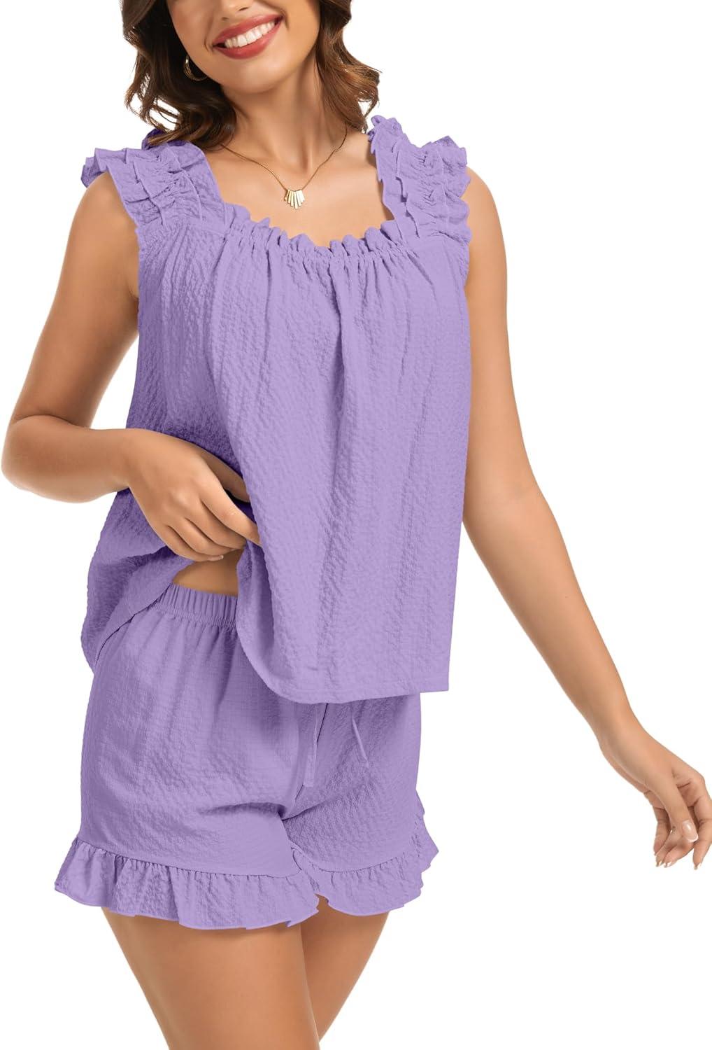 imageSWOMOG Women Pajama Sets 2 Pcs Ruffle Pjs Bridal Pajamas for Women Sleepwear Set with Tank Tops and ShortsPurple