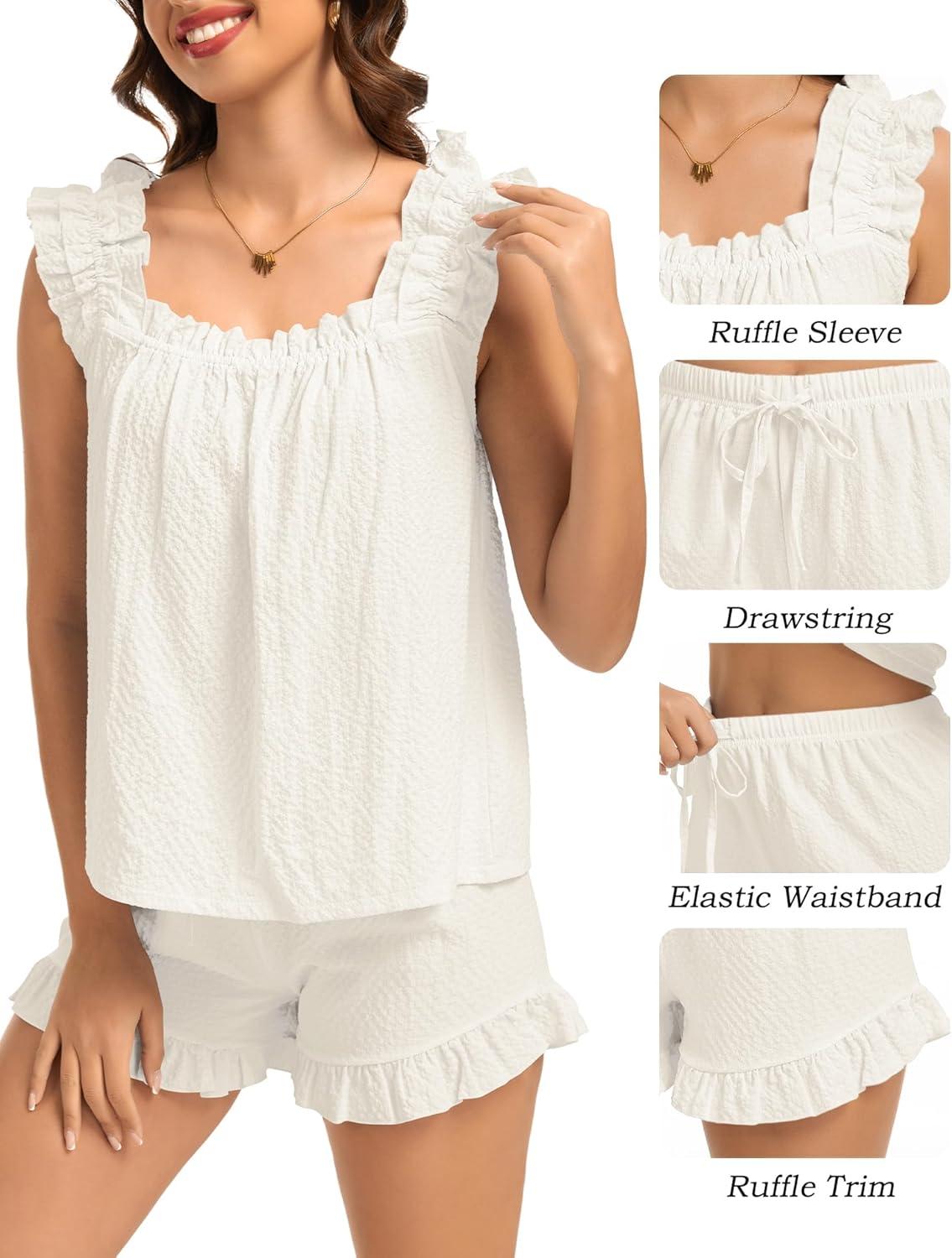 imageSWOMOG Women Pajama Sets 2 Pcs Ruffle Pjs Bridal Pajamas for Women Sleepwear Set with Tank Tops and ShortsWhite