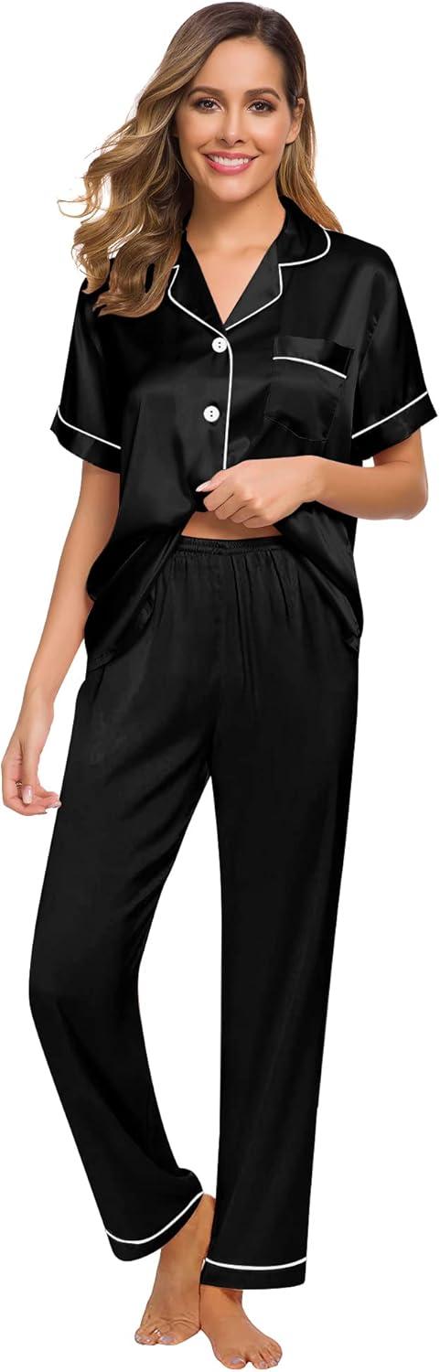 imageSWOMOG Women Satin Pajamas Set Short Sleeve Top amp Pants Sleepwear Silky Button Down Nightwear 2pcs Loungewear Pjs SetBlack