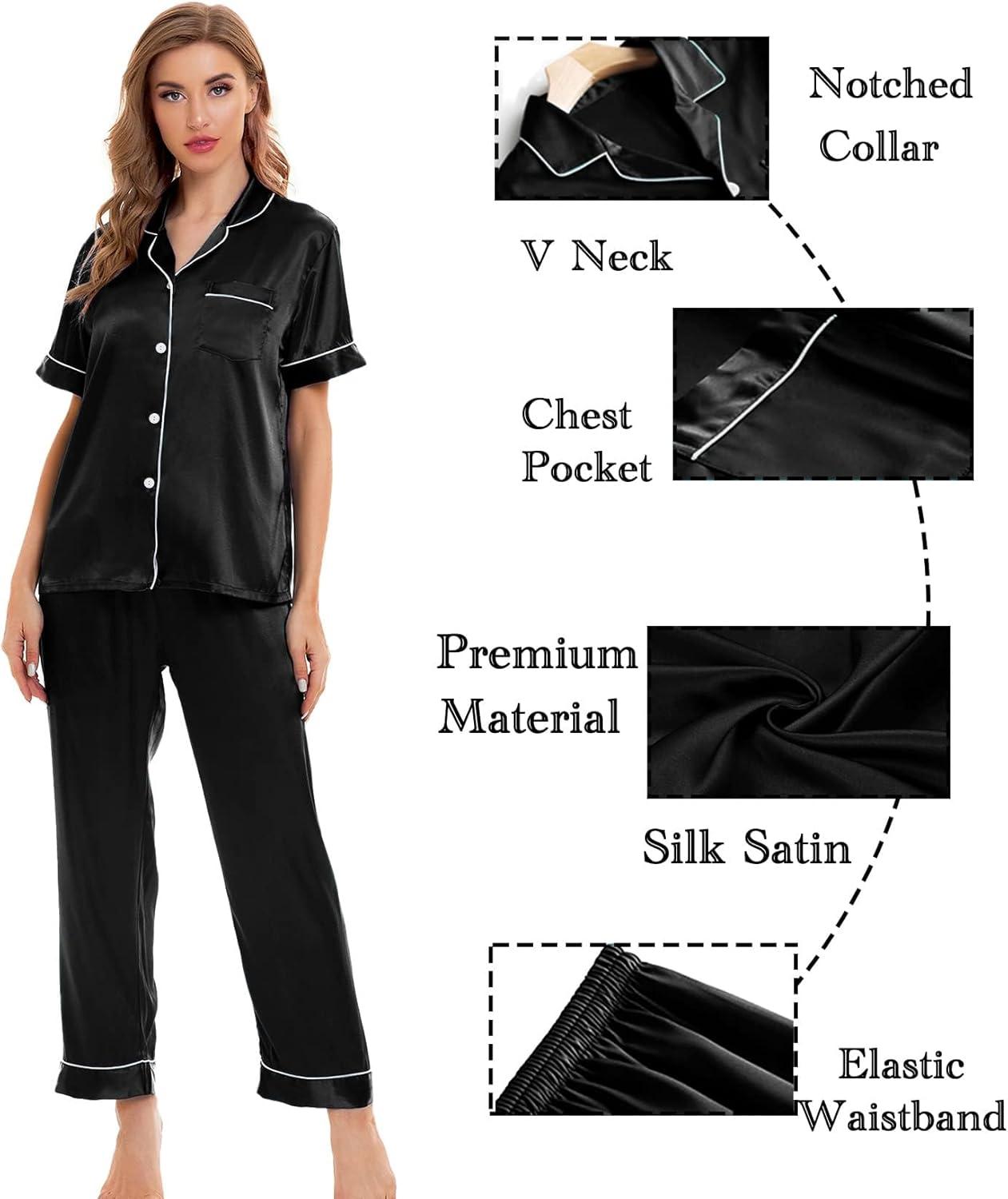 imageSWOMOG Women Satin Pajamas Set Short Sleeve Top amp Pants Sleepwear Silky Button Down Nightwear 2pcs Loungewear Pjs SetBlack