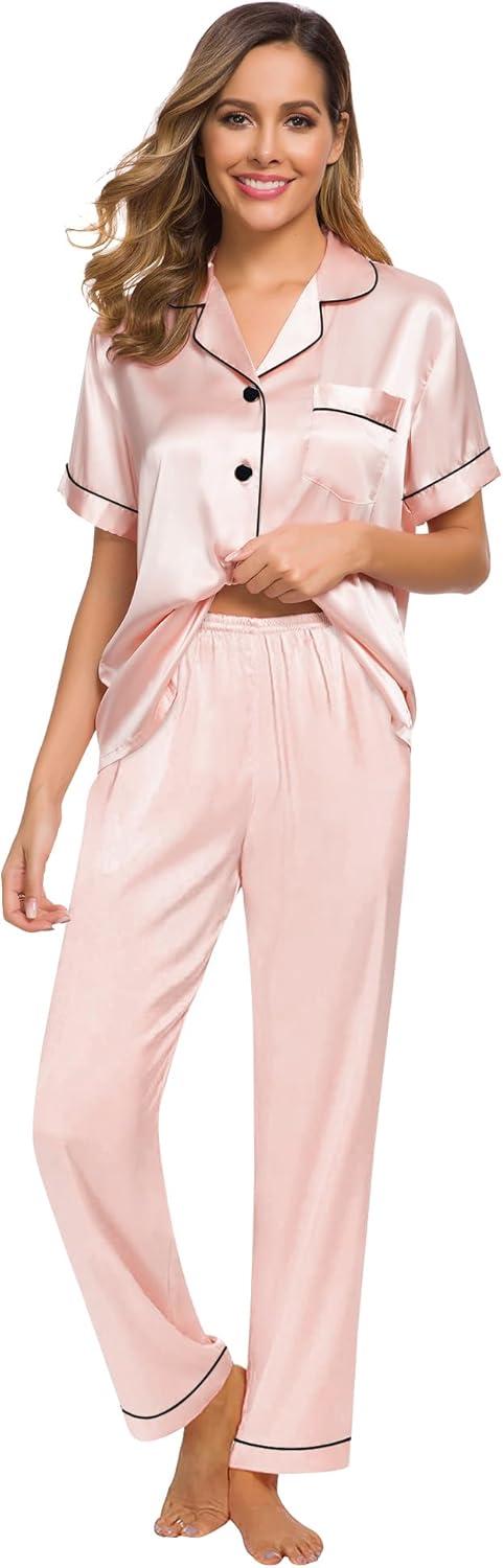 imageSWOMOG Women Satin Pajamas Set Short Sleeve Top amp Pants Sleepwear Silky Button Down Nightwear 2pcs Loungewear Pjs SetBlush Pink